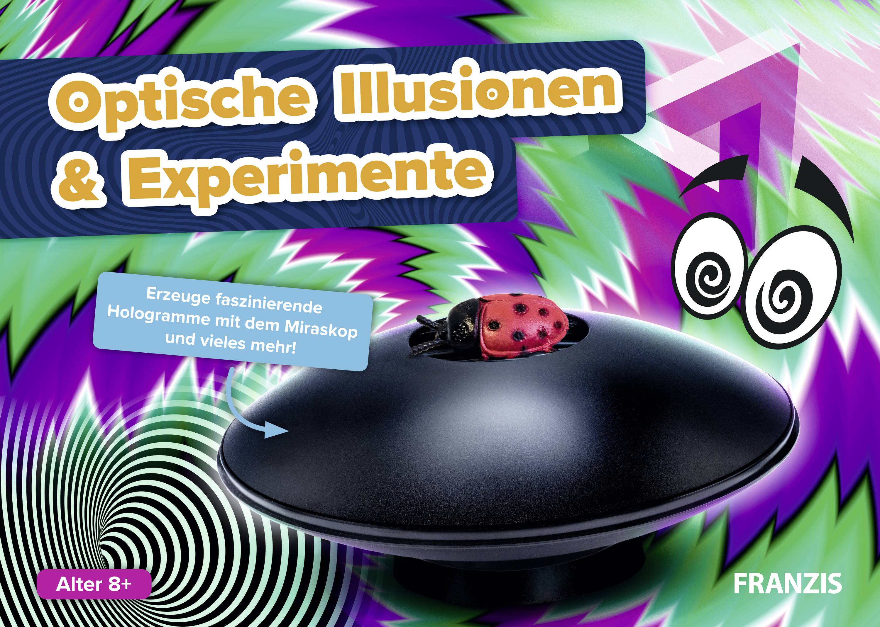 'Illusions optiques & Expériences' Couverture de livre ; montre un appareil holographique avec une coccinelle. Texte : 'Crée des hologrammes fascinants avec le Miraskop et bien plus encore !' Dès 8 ans.