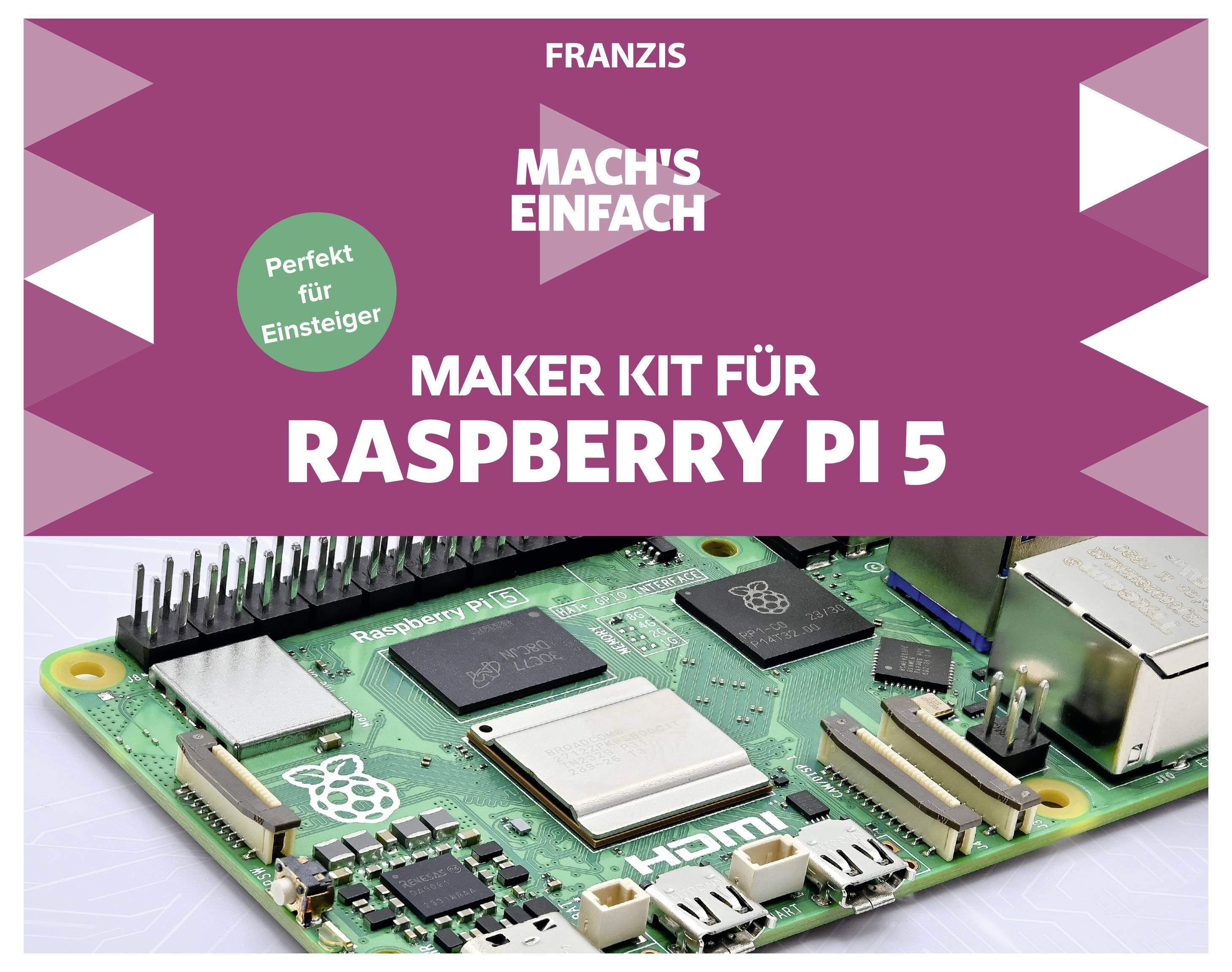 Kit de création pour Raspberry Pi 5 sur un fond coloré. Un modèle de Raspberry Pi est disposé en dessous, idéal pour les débutants.