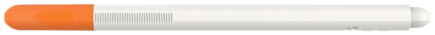 Un objet cylindrique rayé orange et blanc à la surface lisse, probablement un stylo ou un outil.