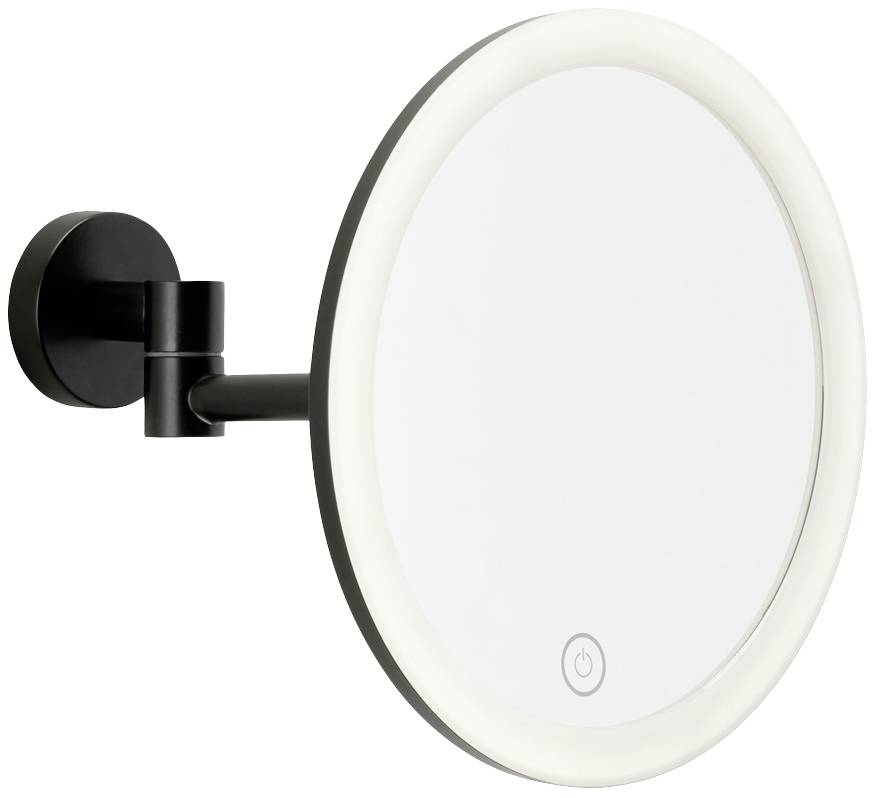 Miroir cosmétique rond fixé au mur, équipé d'un éclairage LED et d'un interrupteur tactile situé sur le bord inférieur. Idéal pour l'application du maquillage ou le rasage.