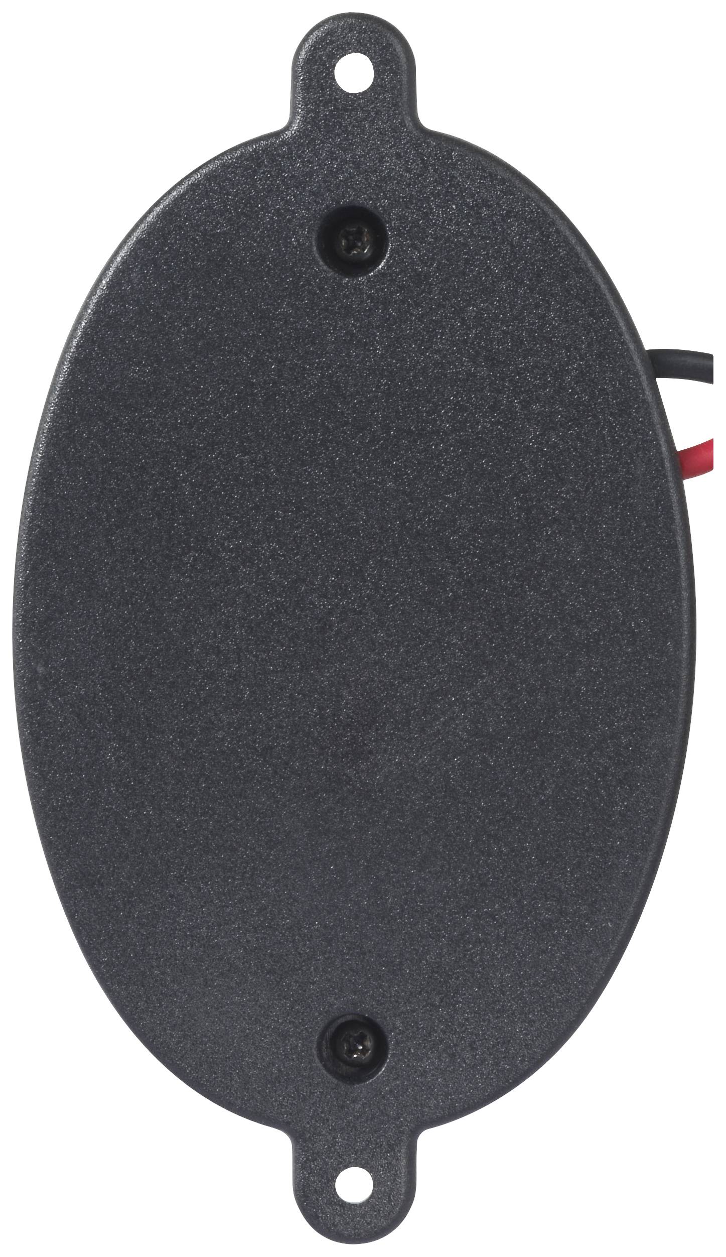 Boîtier en plastique noir oval avec deux vis visibles et des câbles sur le côté.