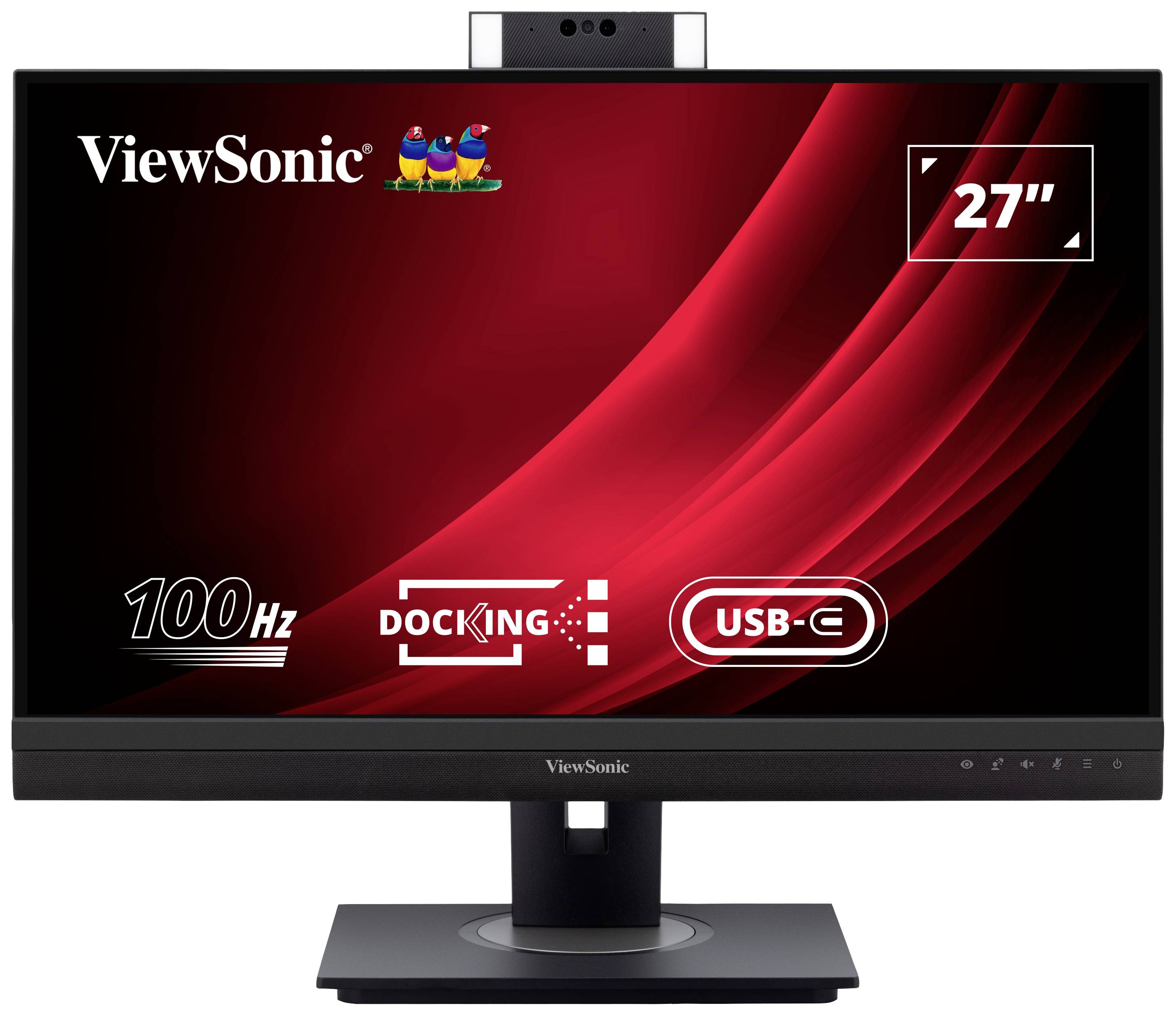 Un écran de 27 pouces de la marque ViewSonic affiche des symboles pour 100 Hz, USB-C et la fonction de station d'accueil sur un écran rouge et noir.