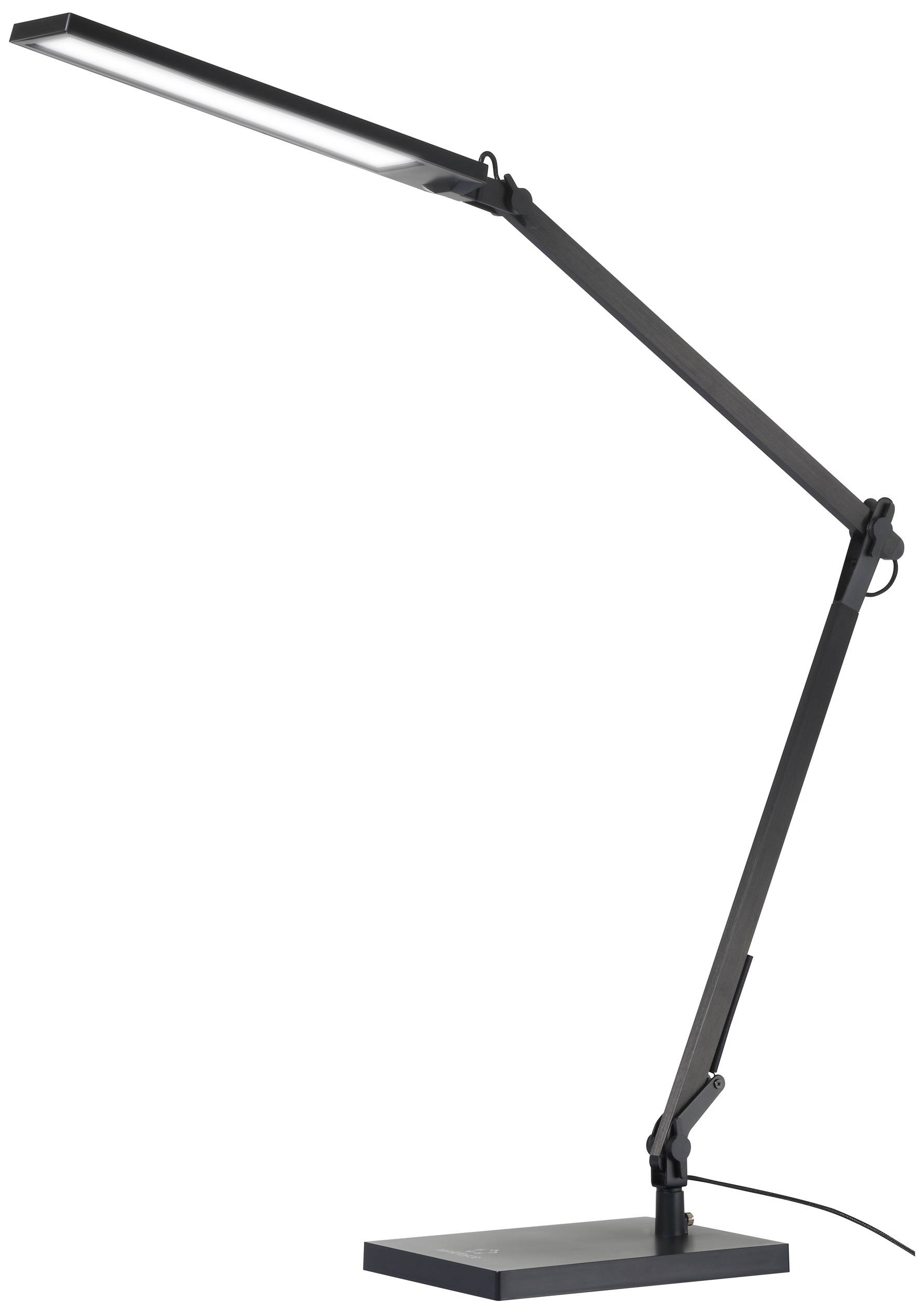 Lampe de bureau moderne, noire, avec bras ajustable et socle rectangulaire, éclairant vers le bas.
