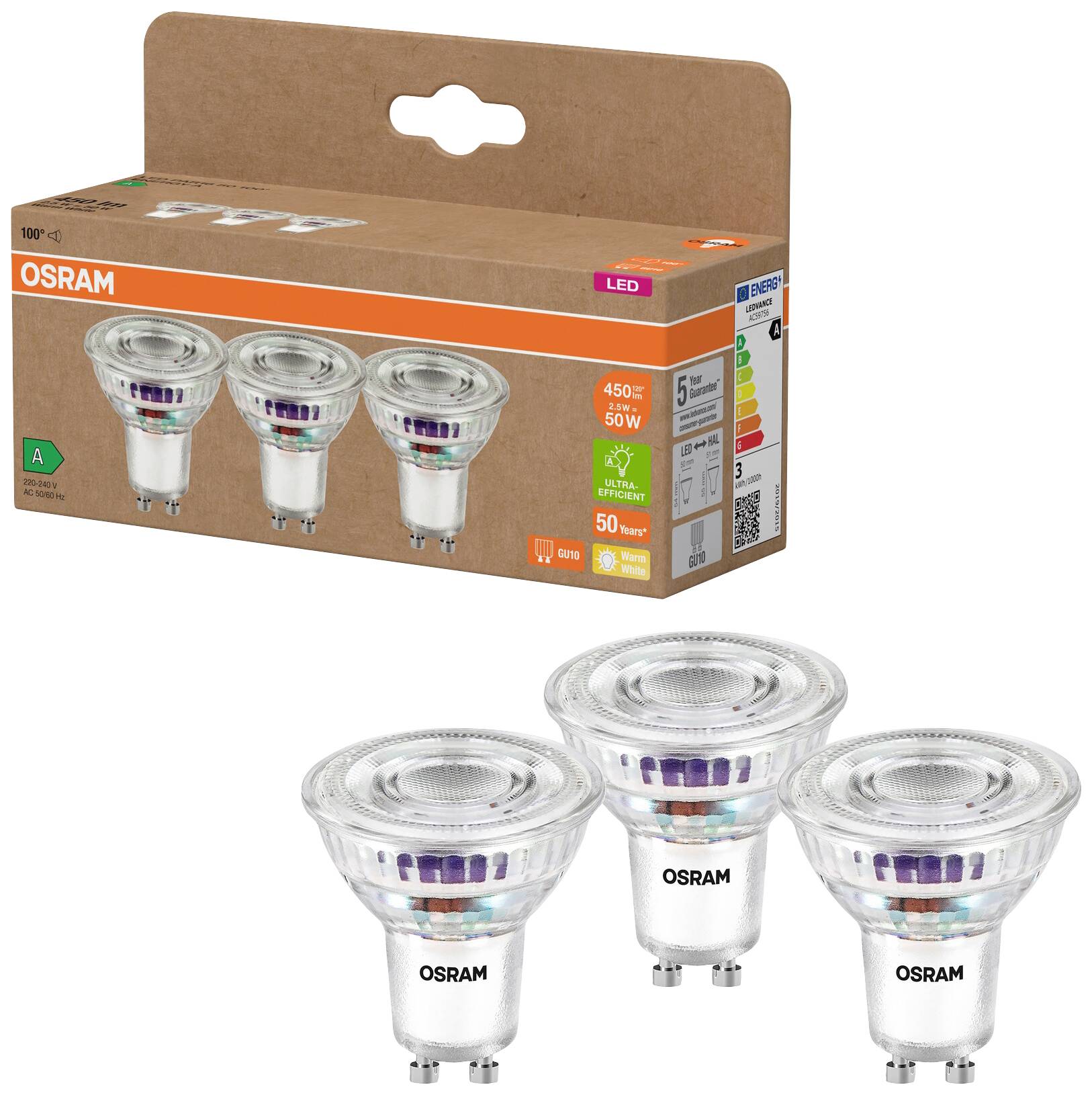 Un pack de trois ampoules LED OSRAM. Économiques, 450 lumens, puissance de 50 W, adaptées aux douilles GU10.