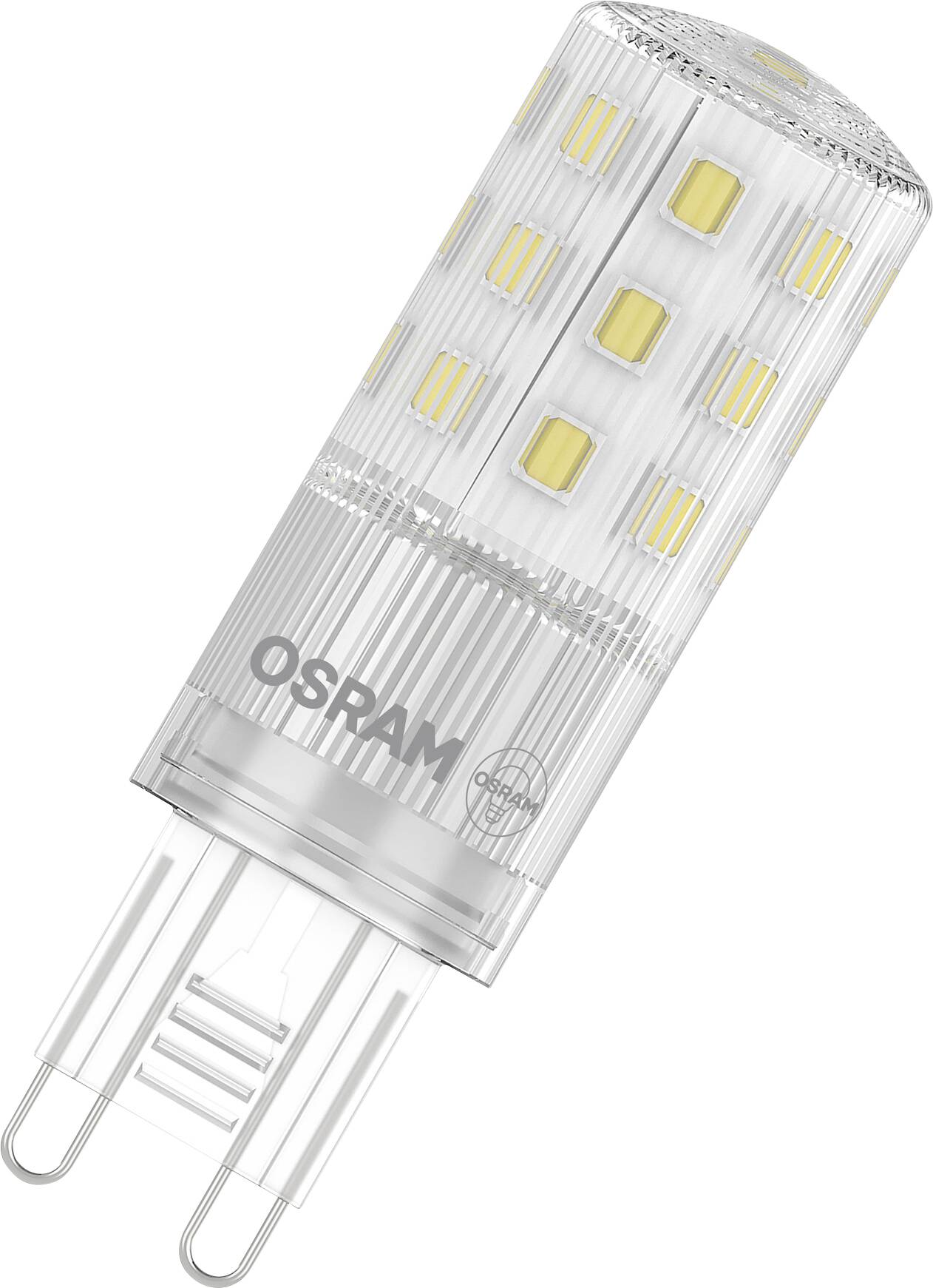 Lampe LED de la marque Osram avec douille G9, de forme cylindrique, boîtier transparent, présentant plusieurs diodes jaunes visibles.
