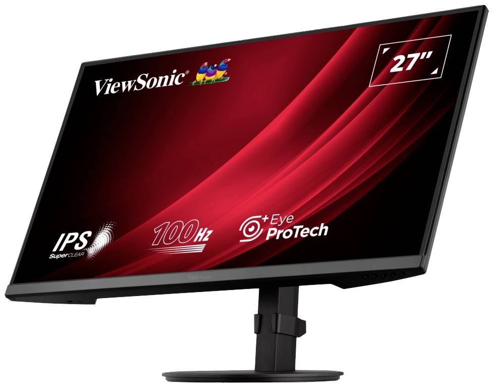 Un écran d'ordinateur noir de ViewSonic. Il a une taille de 27 pouces, est équipé de la technologie IPS et dispose d'un taux de rafraîchissement de 100 Hz.