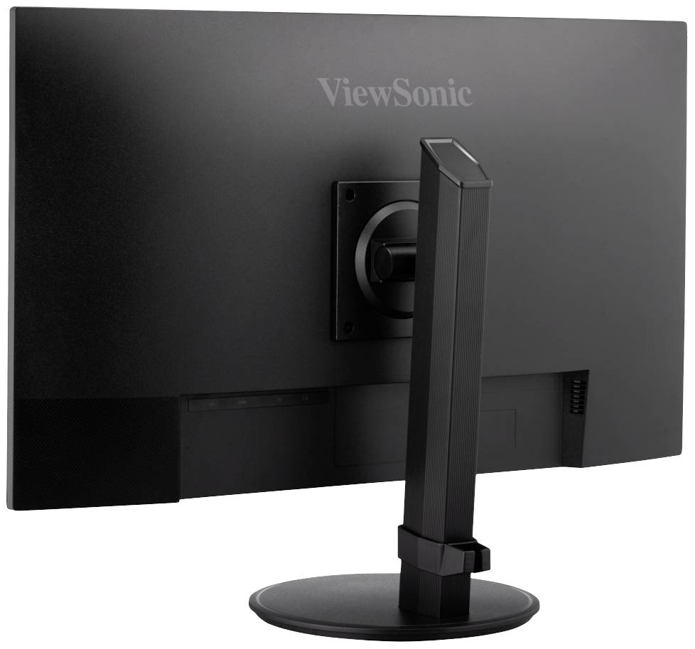 Un moniteur noir de la marque ViewSonic vu de dos, avec un support pivotant et un écran mat, posé sur une table.