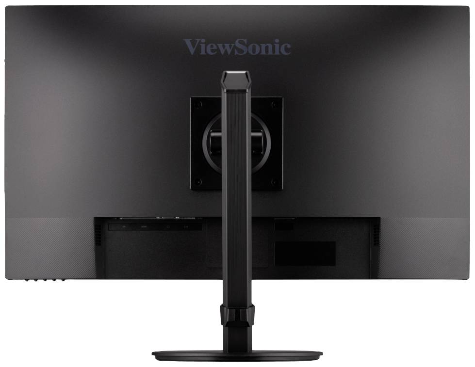 Vue arrière d'un écran d'ordinateur de la marque ViewSonic. Le moniteur est installé sur un socle stable et n'affiche aucune image à l'écran.