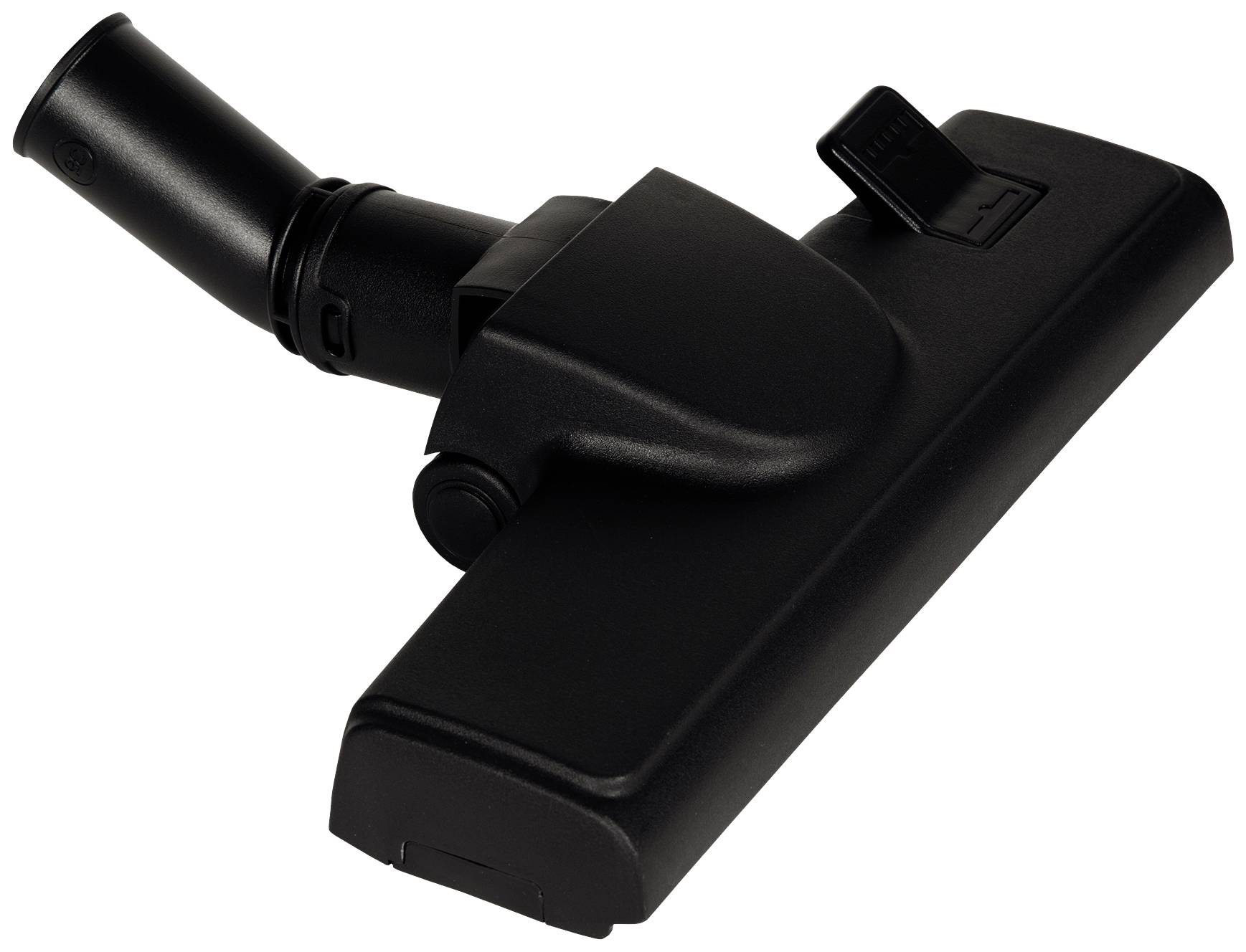 Buse d'aspirateur noir avec articulation pivotante, adaptée à différents types de sols, équipée d'un interrupteur coulissant pour le réglage des brosses.