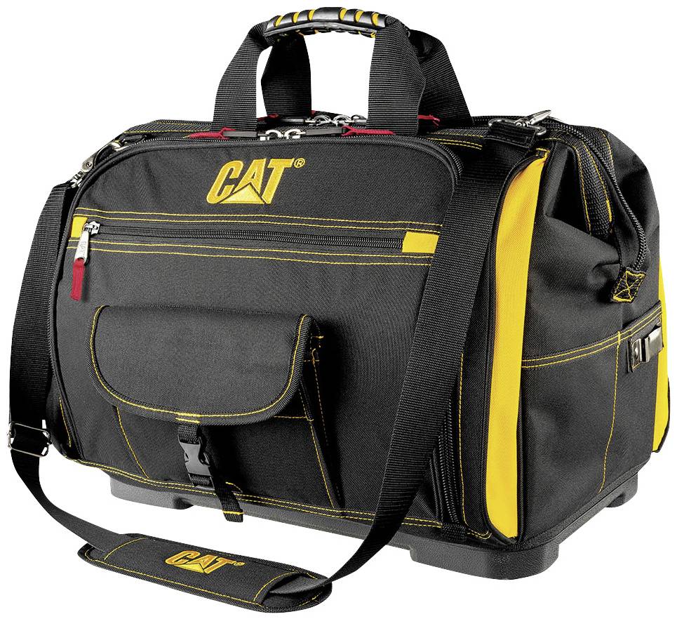 Sac à outils noir avec des accents jaunes et le logo 'CAT', équipé de plusieurs poches et d'une bandoulière, conçu de manière robuste pour les travaux de construction.