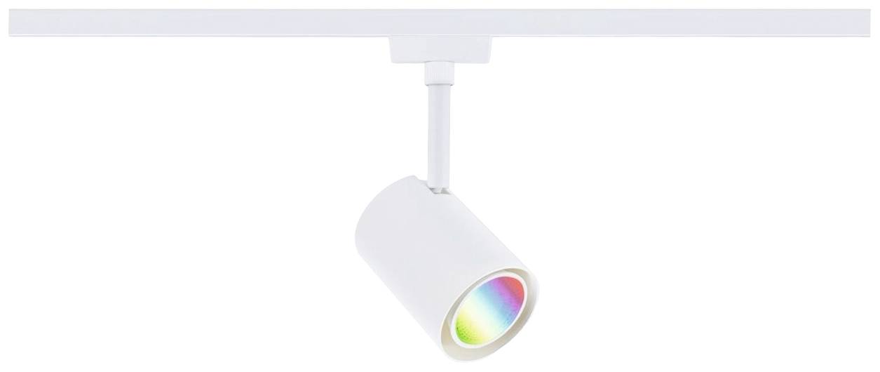 Luminaire sur rail blanc à LED avec boîtier cylindrique et effet lumineux multicolore visible sous le luminaire, monté sur une rail.