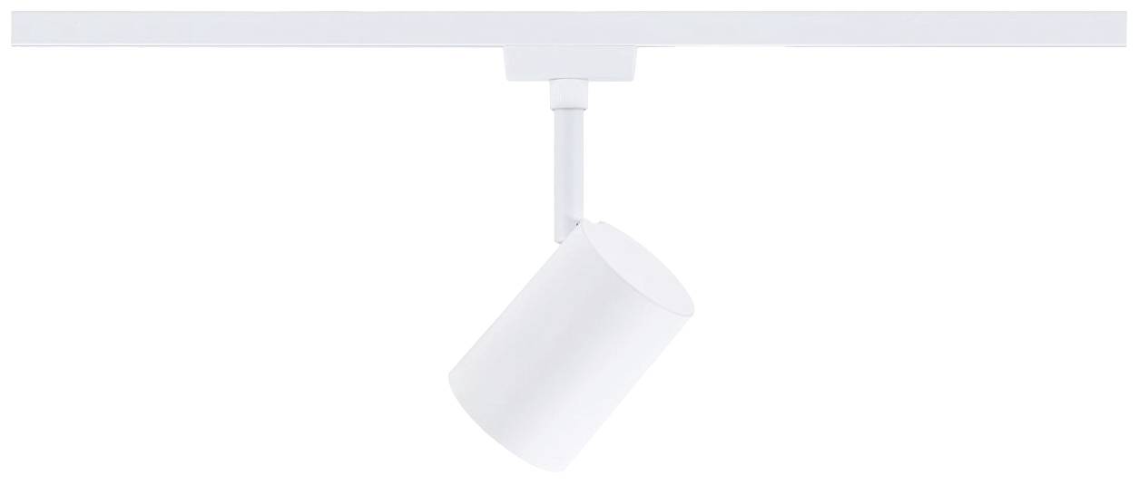 Un projecteur unique de système de rail, blanc et de forme cylindrique, est suspendu à une rail.