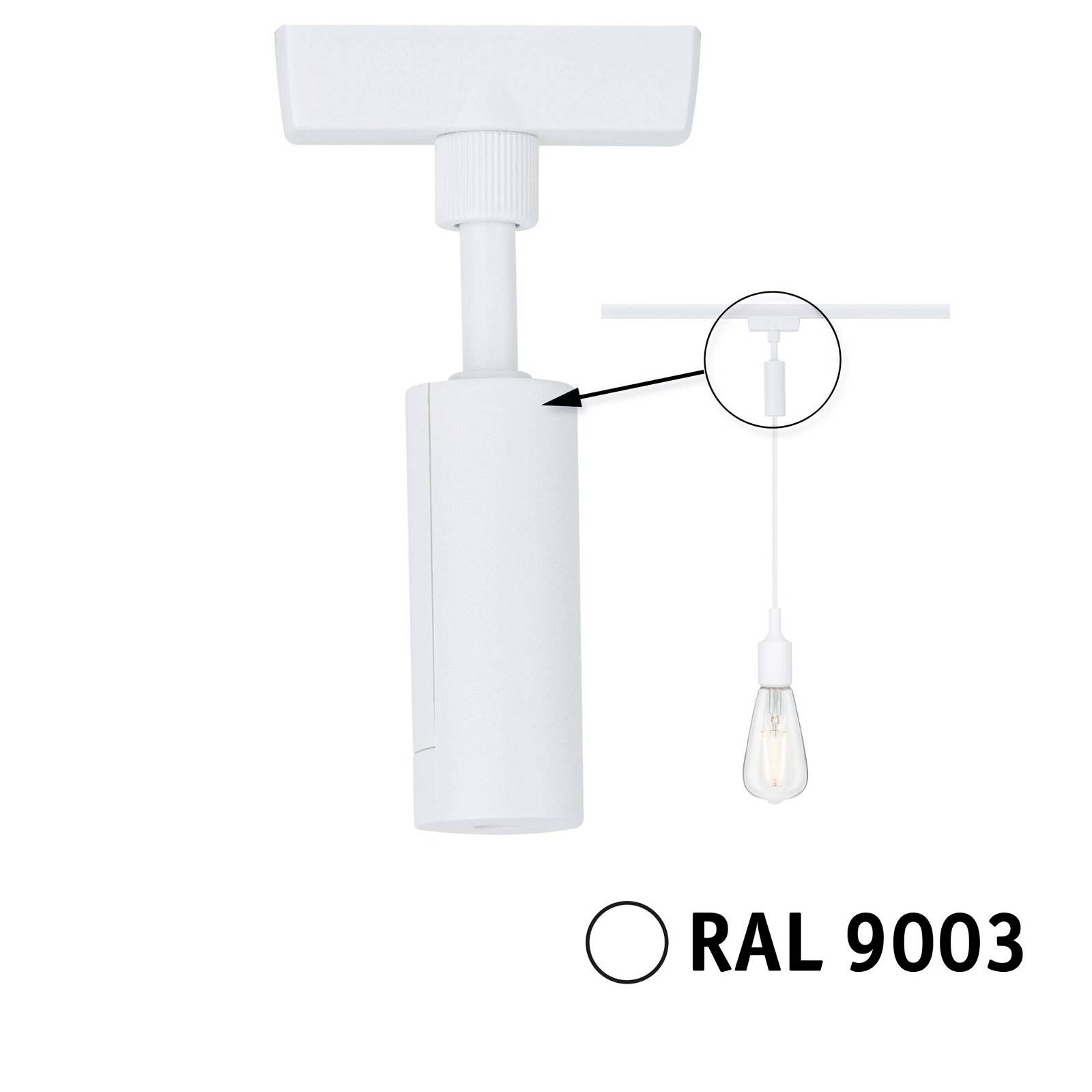 Un support de lampe blanc avec indication de la couleur RAL 9003. Vue détaillée du support en haut. Adapté pour les lampes suspendues.