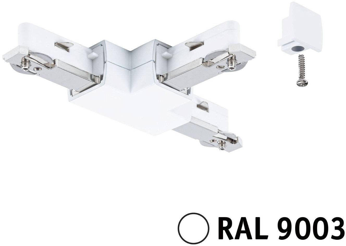Connecteur de système de rails en forme de 'X' en blanc, RAL 9003, avec capuchon d'extrémité et vis, adapté pour système d'éclairage modulaire.