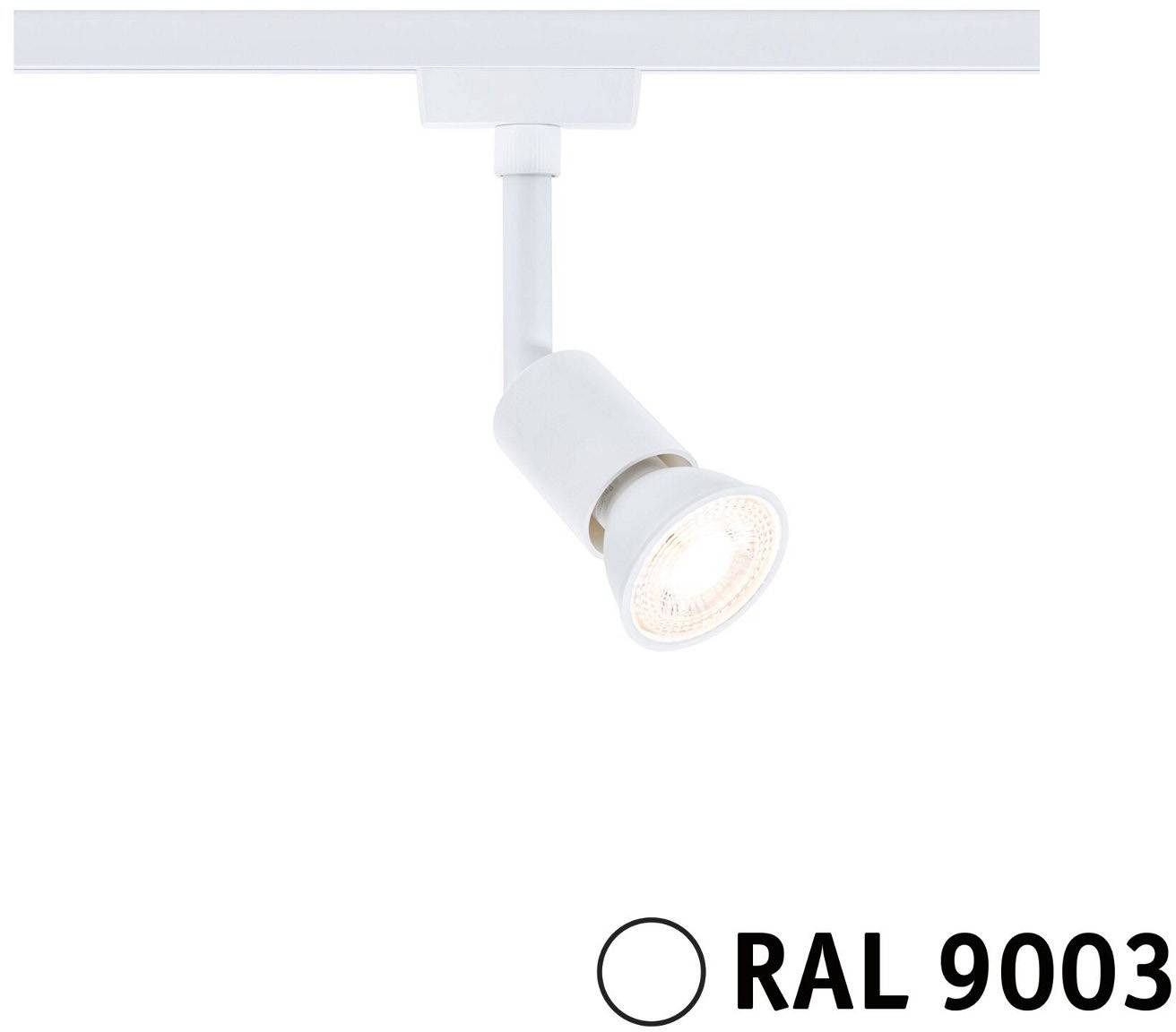 Rail-projecteur blanc (RAL 9003) au design arrondi. Idéal pour un éclairage ciblé en intérieur.