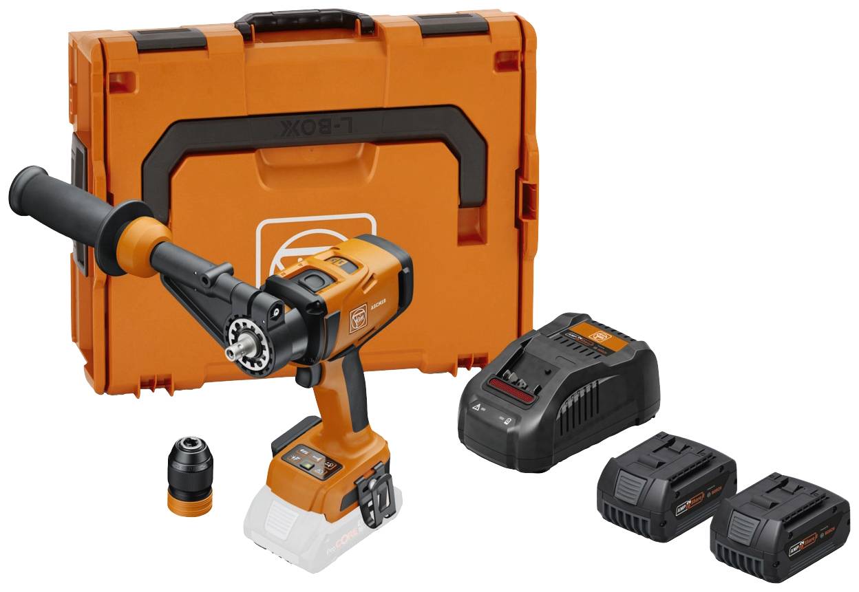 Un tournevis-perceuse orange avec poignée, mandrin de rechange, chargeur, deux batteries et mallette de transport assortie.