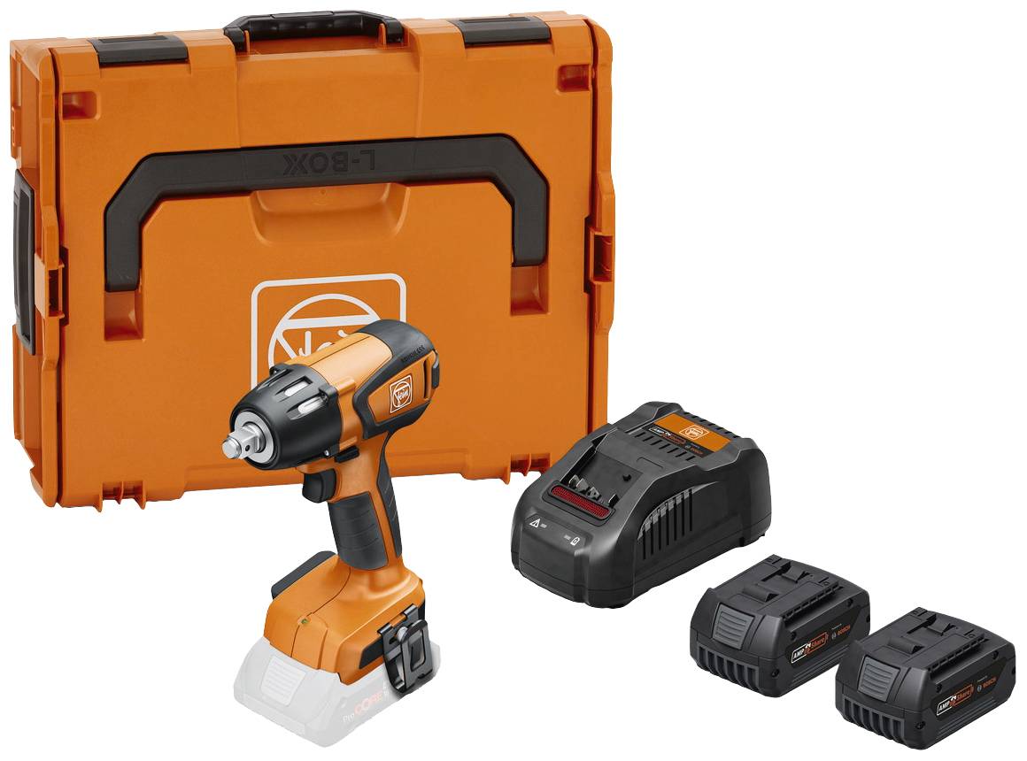 Ensemble de visseuse sans fil avec mallette orange, chargeur et deux batteries. L'appareil principal est un tournevis compact et puissant.