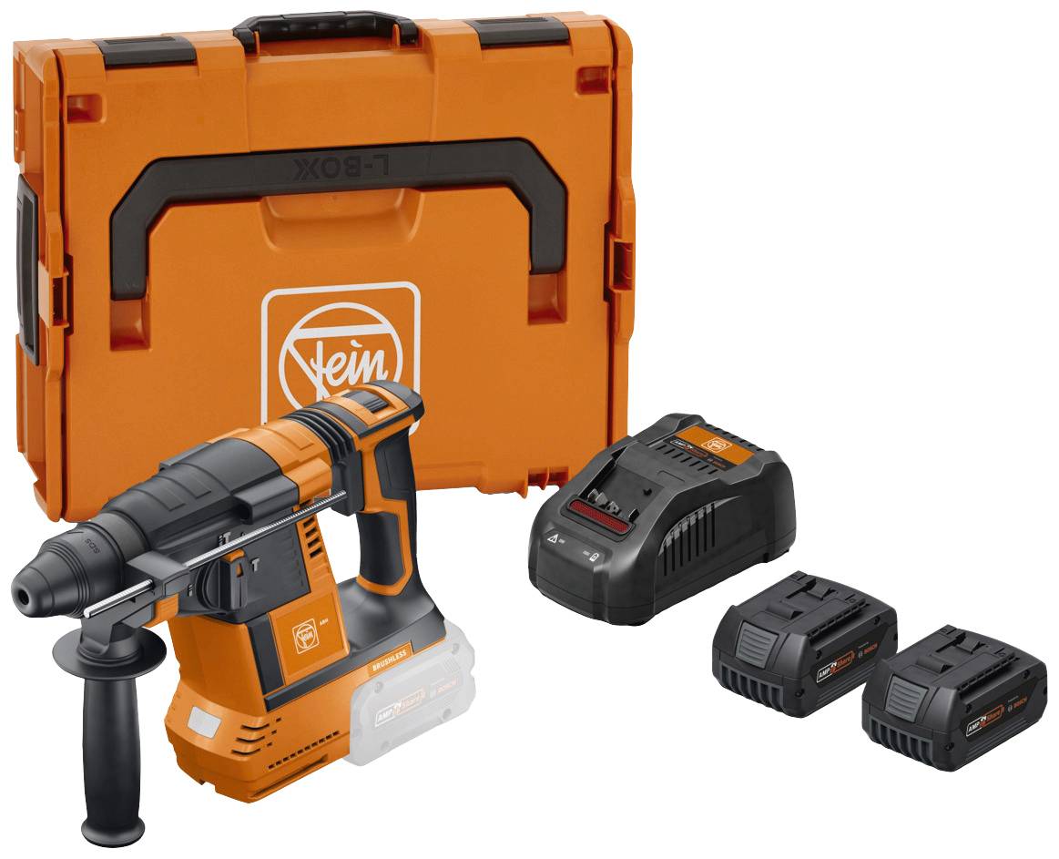 Marteau perforateur à batterie avec chargeur, deux batteries et mallette de transport, le tout en orange. Idéal pour les travaux de construction et de rénovation.