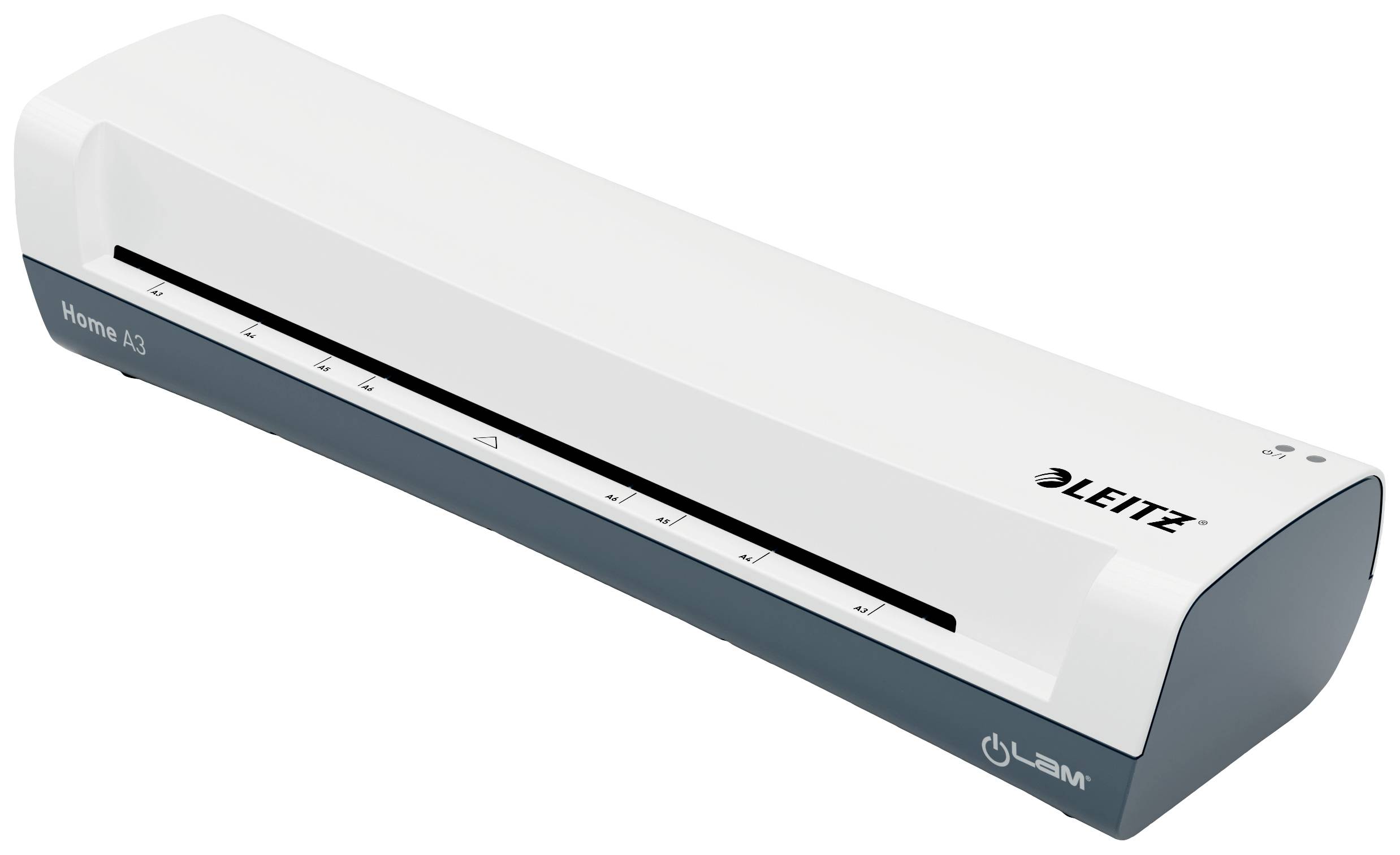 Un plastifieuse blanche et élancée de la marque Leitz, modèle 'Home A3', avec des boutons de commande sur le dessus. Idéal pour une utilisation à domicile.