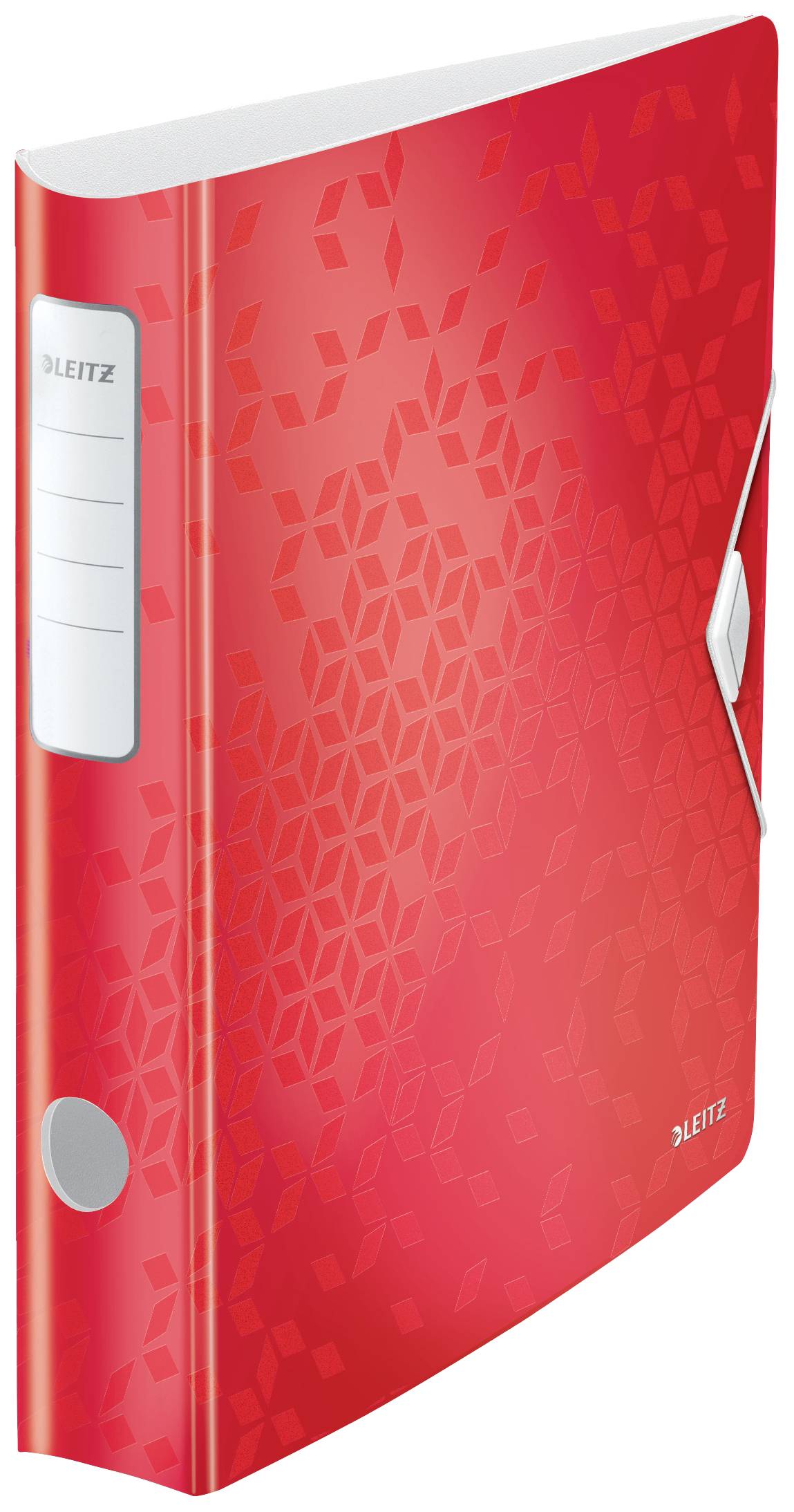 Classeur rouge avec un motif géométrique et une étiquette sur le dos.