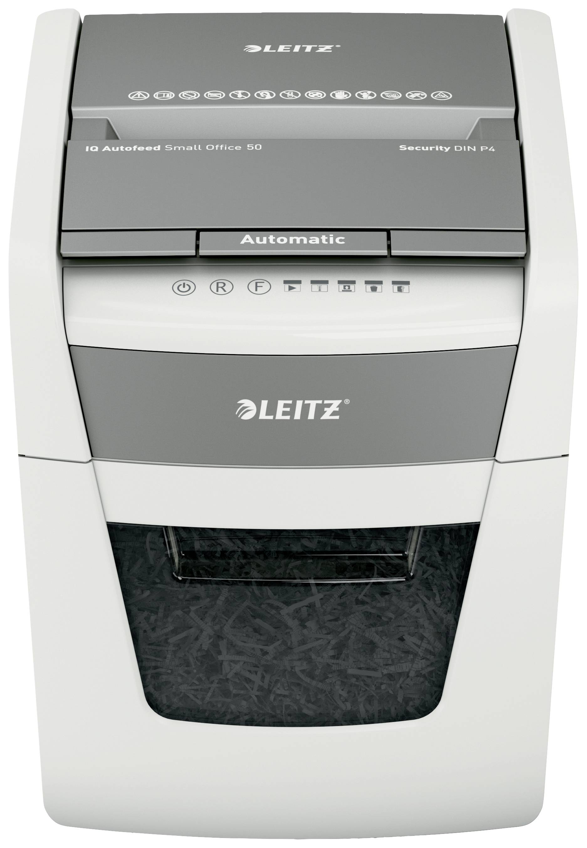 Destructeur de documents Leitz avec alimentation automatique, adapté aux petits bureaux. Affiche les documents déchiquetés dans le bac de récupération.