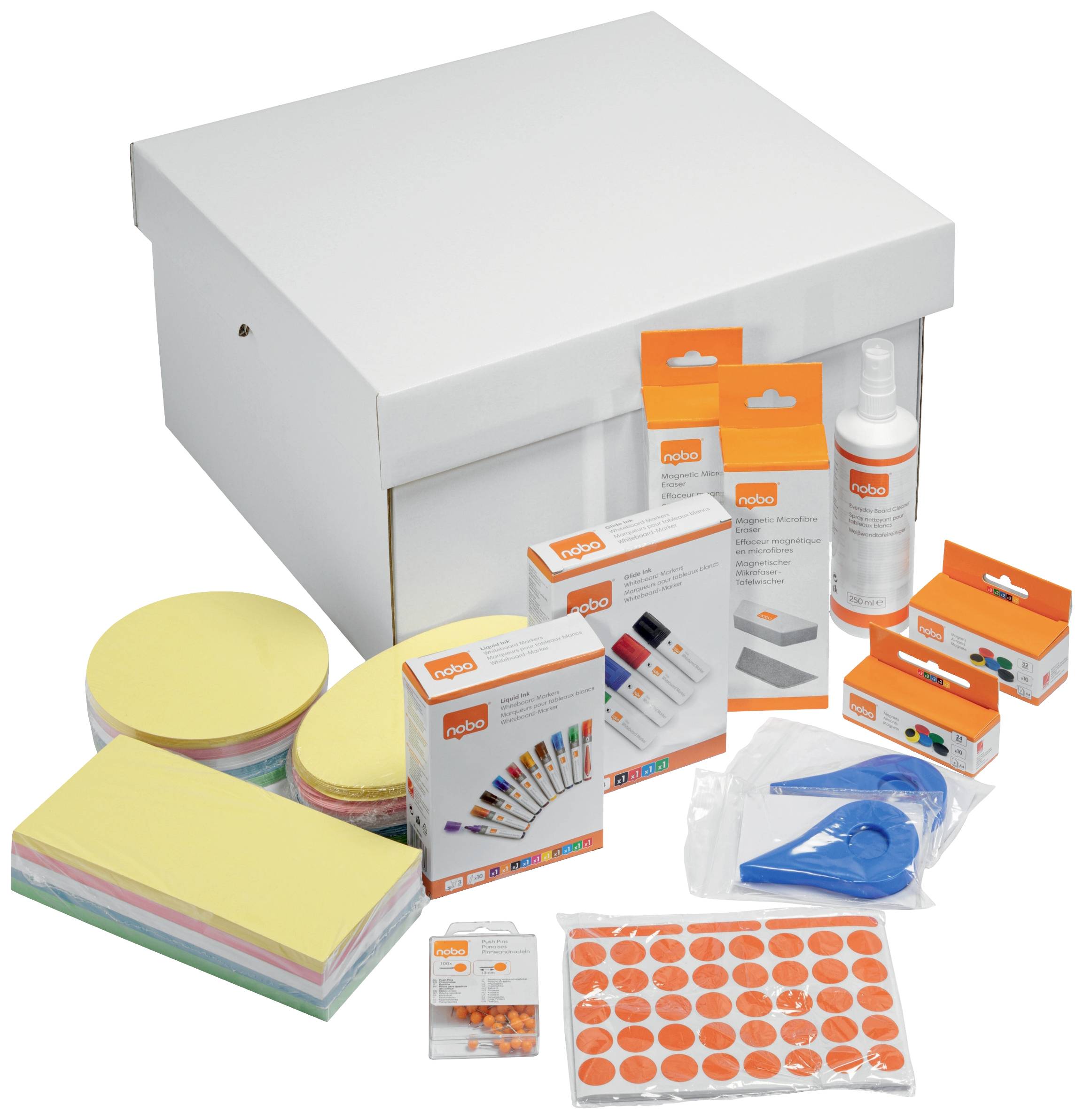 Un assortiment d'articles de bureau, comprenant des blocs-notes, des notes adhésives, des étiquettes de classeur, un stick de colle et un grand carton blanc.