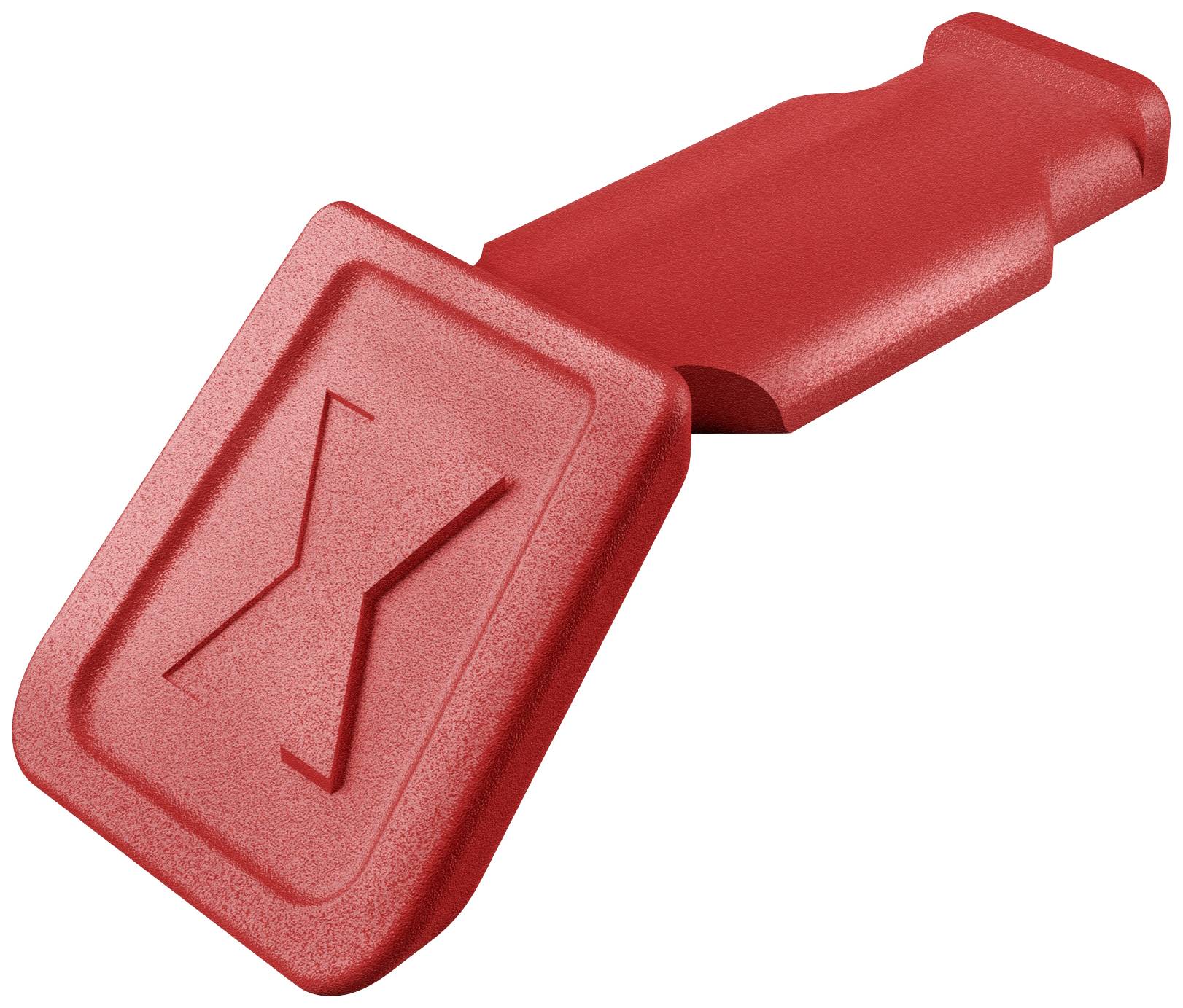 Clé de verrouillage en plastique rouge pour outil électrique, rectangulaire avec un 'X' imprimé.