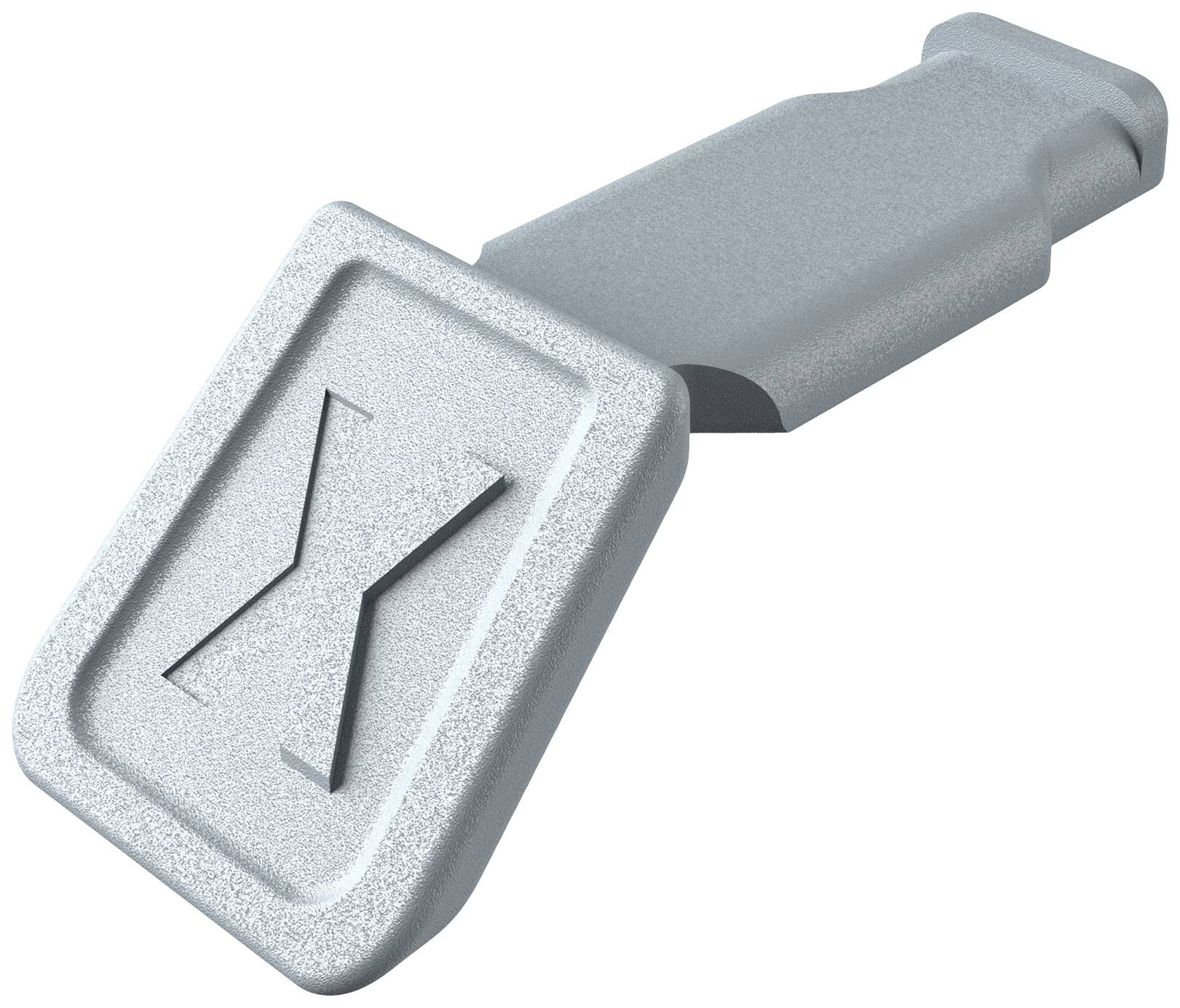 Pièce métallique comportant un 'X' en relief sur une surface carrée, probablement un composant d'un mécanisme ou d'un système de fermeture.