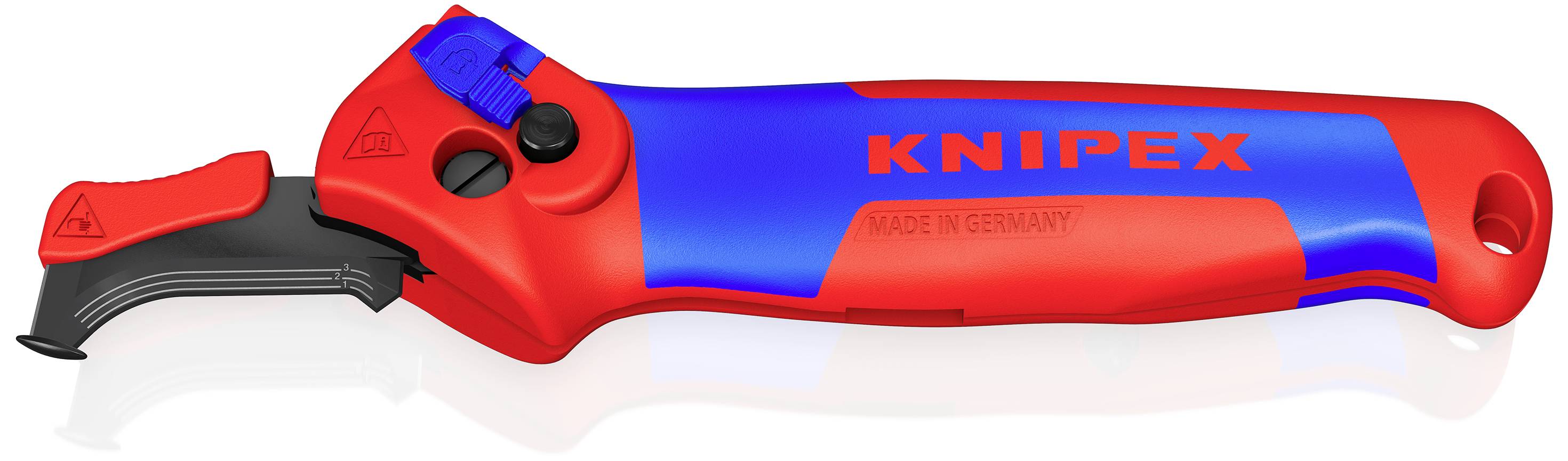 Outil de coupe avec poignée rouge et bleue, adapté pour le dénudage de câbles, nom de marque 'KNIPEX' visible sur la poignée.