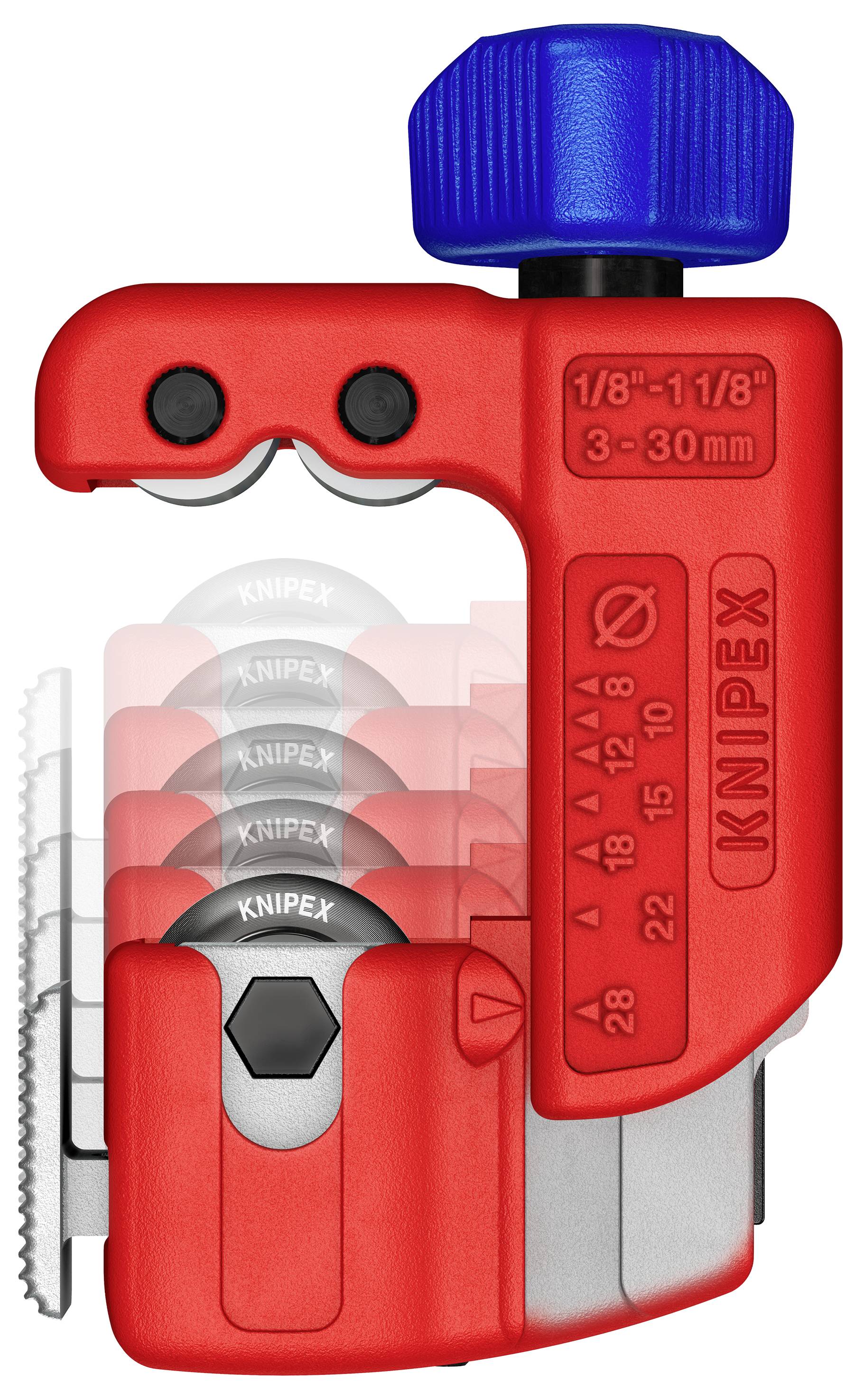 Coupe-tubes KNIPEX, rouge et bleu, adapté pour des diamètres de tuyaux de 3 à 30 mm. Plusieurs positions de coupe représentées en mouvement.