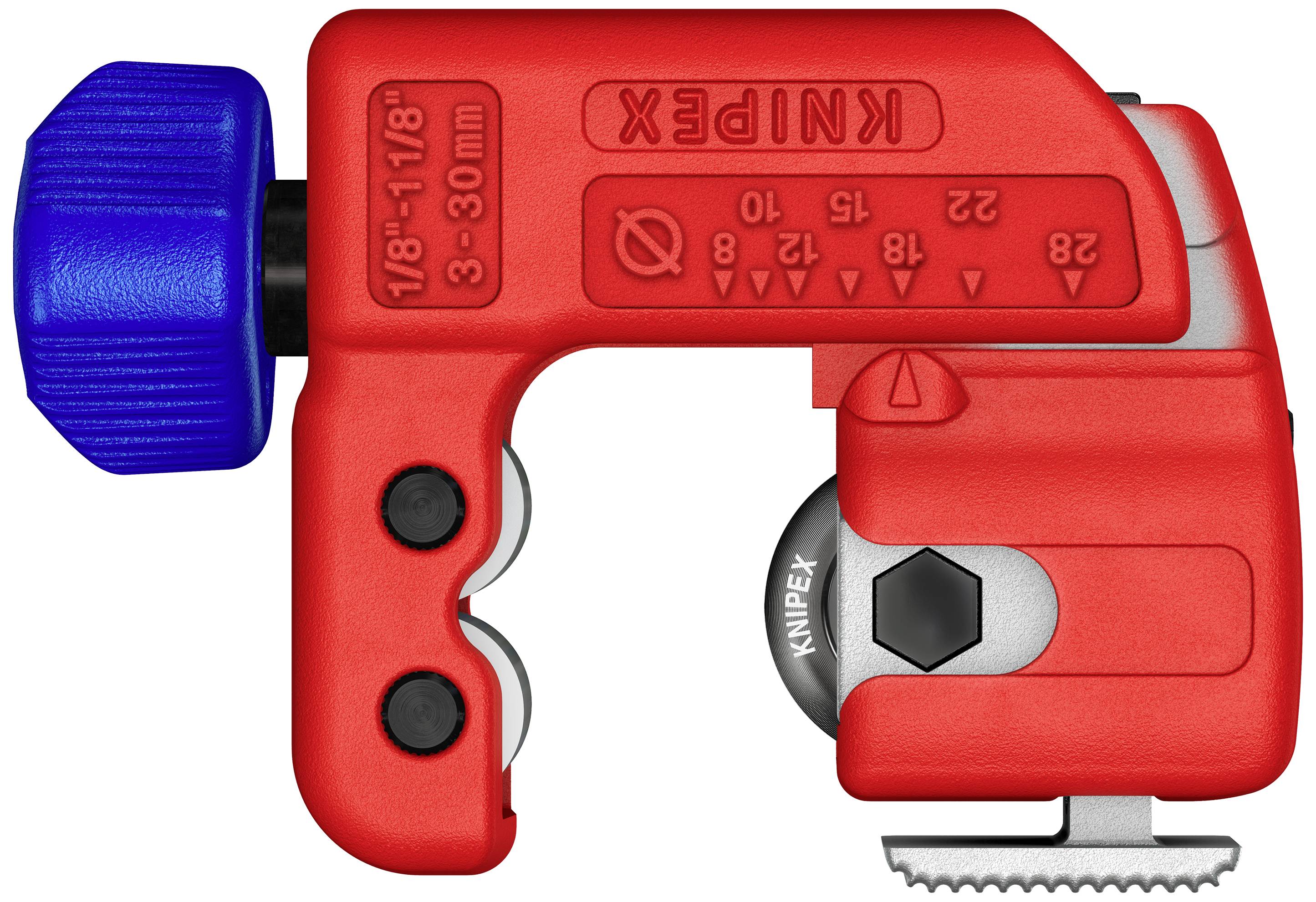 Outil de coupe de tuyaux rouge avec poignée de rotation bleue, adapté pour des diamètres de 3 à 30 mm. Contient des chiffres et des indications de mesure.