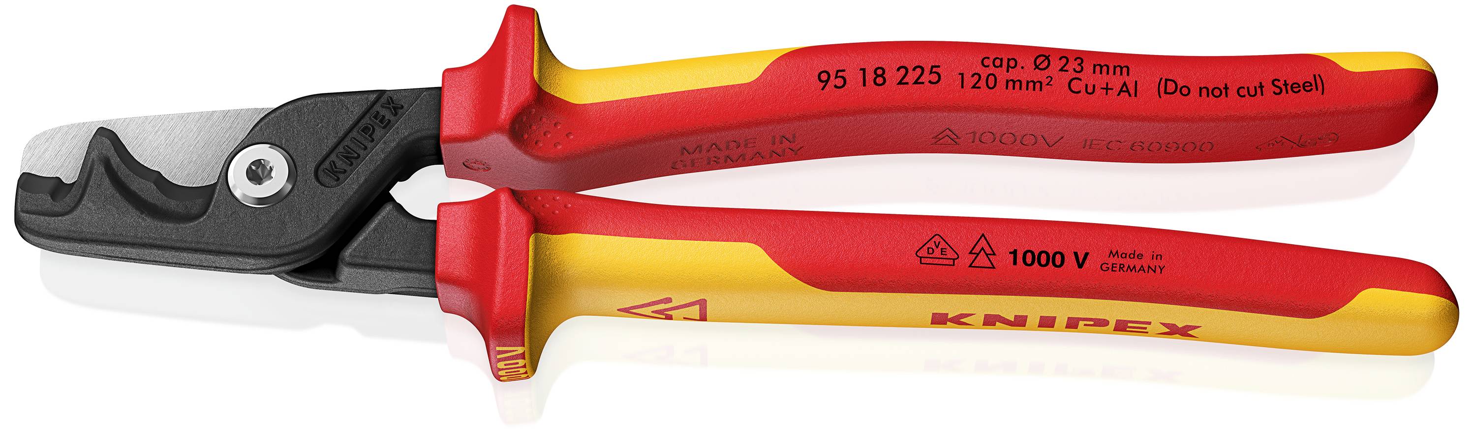 Sur l'image se trouve un coupe-câble électricien avec des poignées isolées rouges et jaunes et une lame tranchante, adapté jusqu'à 1000V.