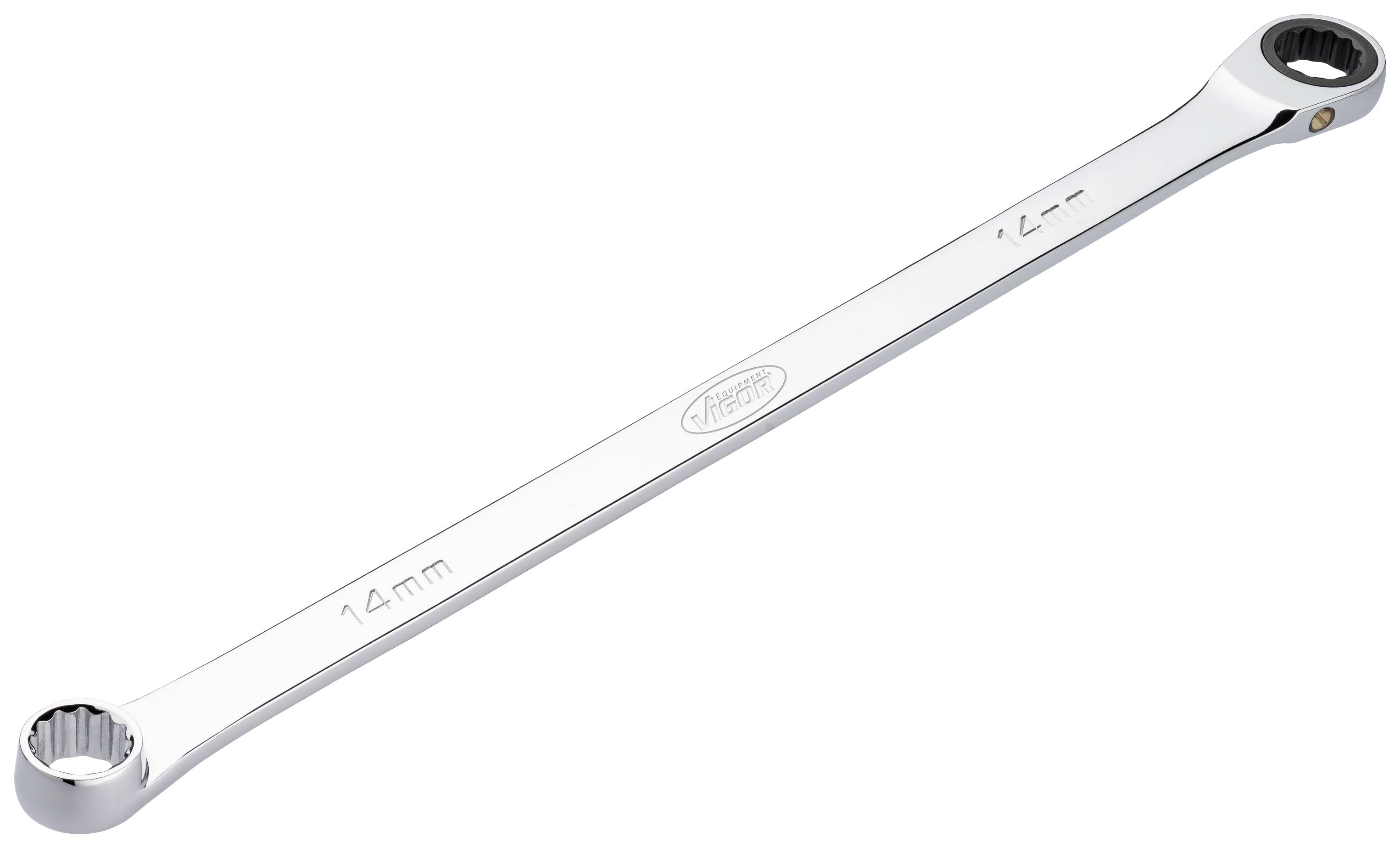 Une clé à anneau chromée avec des embouts de 14 mm et 17 mm, adaptée pour serrer ou desserrer des écrous et des vis.