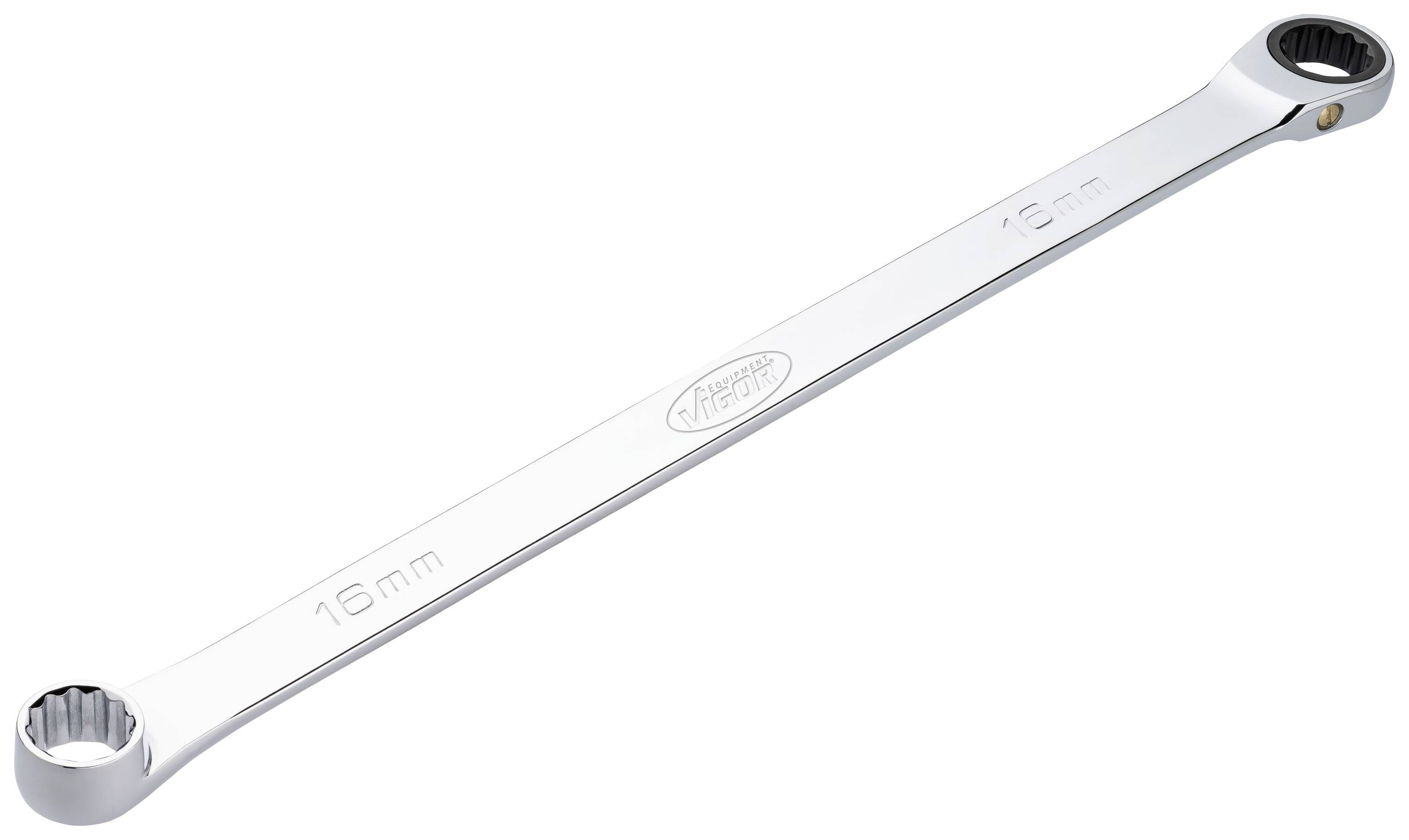 Une clé polygonale en argent avec un système à double cliquet, de taille 16 mm, repose sur un fond blanc.