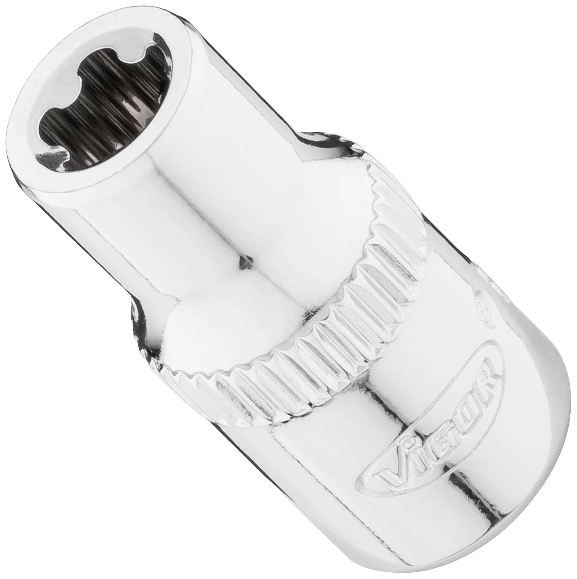 Un embout à clé à six pans creux en argent avec logo 'Vigor', conçu pour être utilisé avec des clés à molette ou des cliquets.