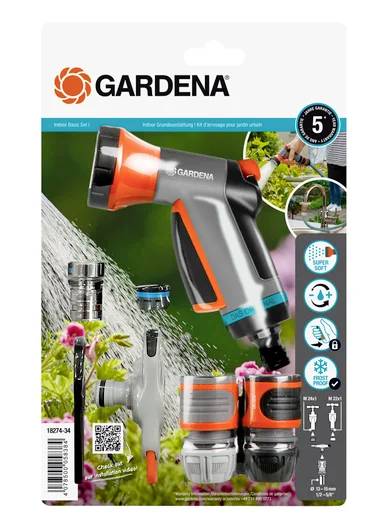 Ensemble d'irrigation de jardin Gardena : Buse, raccords et accessoires. L'emballage présente des images de produits, des symboles et une garantie de 5 ans.