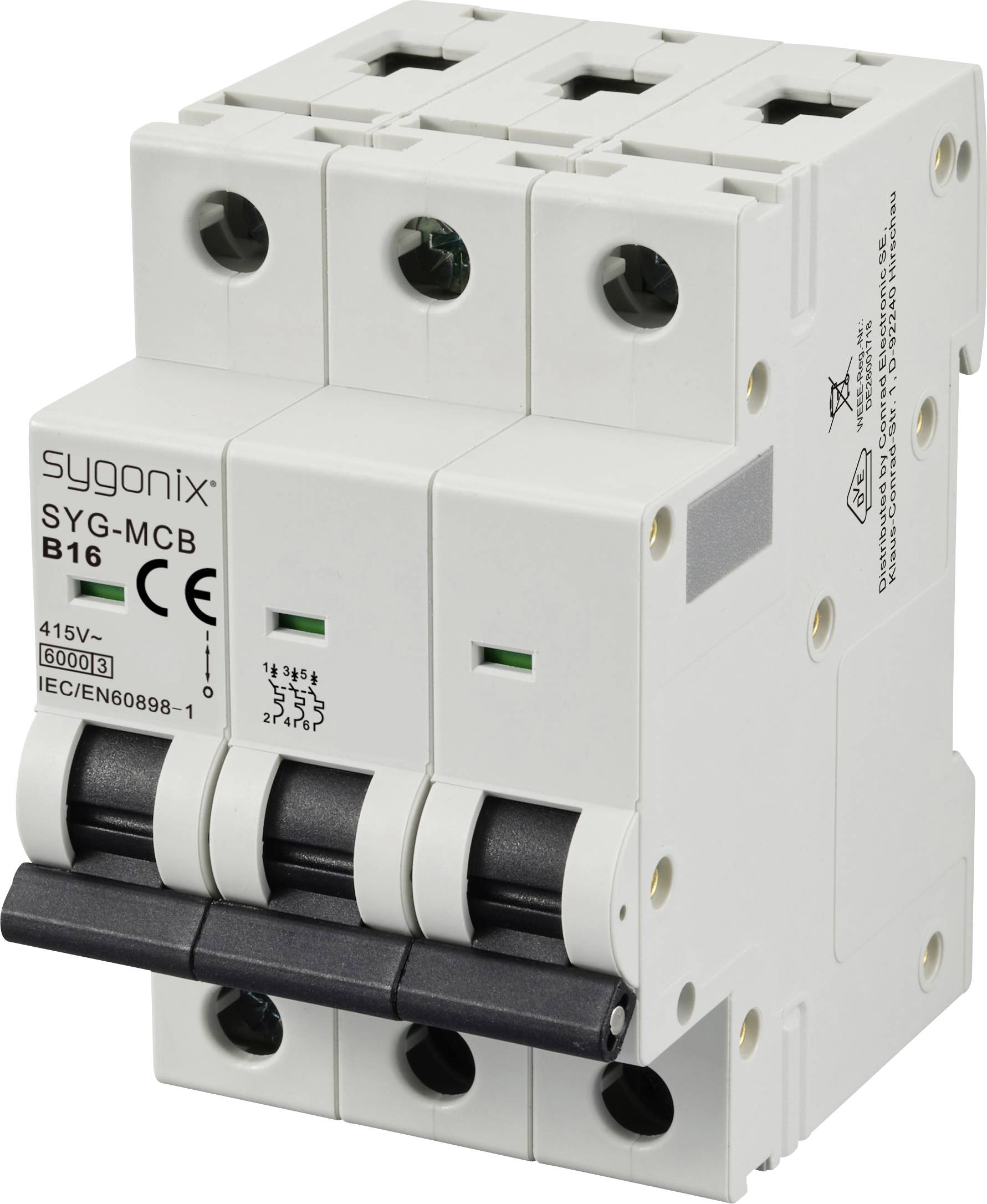 Disjoncteur tripolaire en position 'OFF'. Inscription : Sygonix SYG-MCB B16, 415V, 6000A, IEC/EN60898-1.