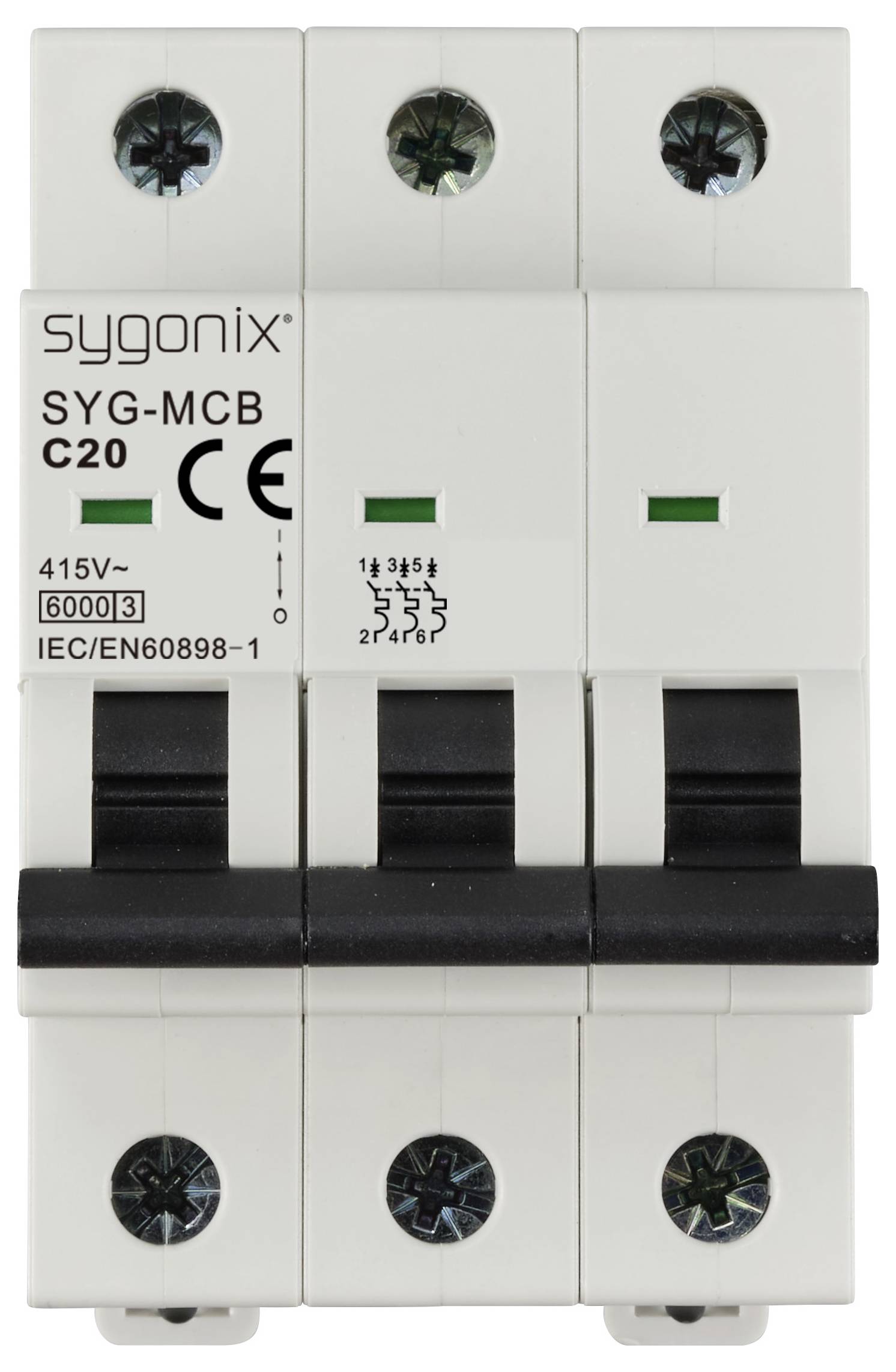 Un disjoncteur tripolaire avec l'inscription 'sygonix SYG-MCB C20', certifié CE, 415V, 6000A.