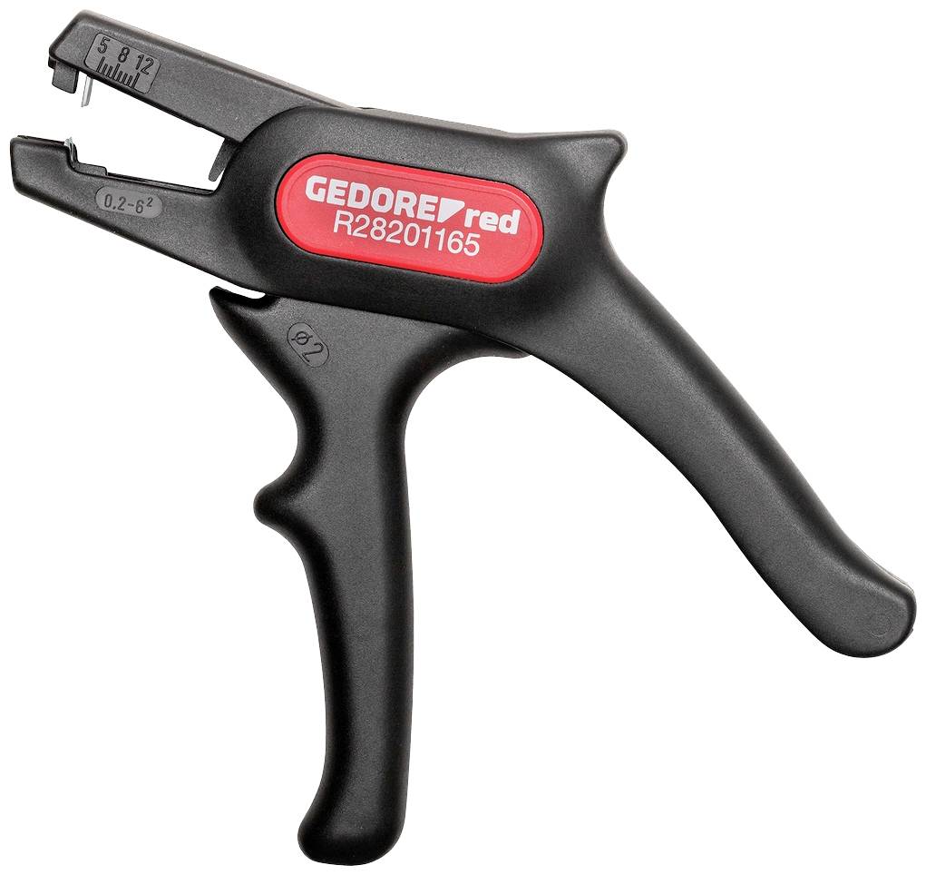 L'image représente une pince à dénuder noire de Gedore Red, modèle R28201165, avec un logo rouge et une échelle pour le diamètre des câbles.