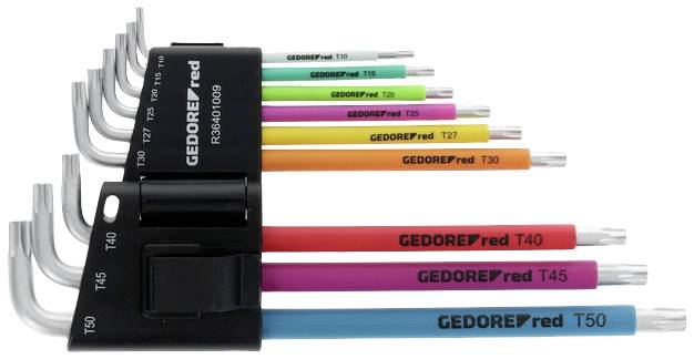 Jeu de clés Torx en L de différentes couleurs avec support. Indications de taille visibles sur les clés.