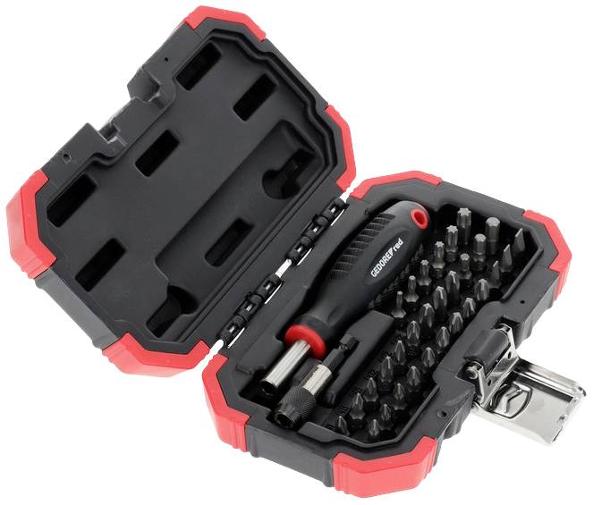 Une mallette à outils ouverte avec un tournevis et différents embouts, design noir et rouge.