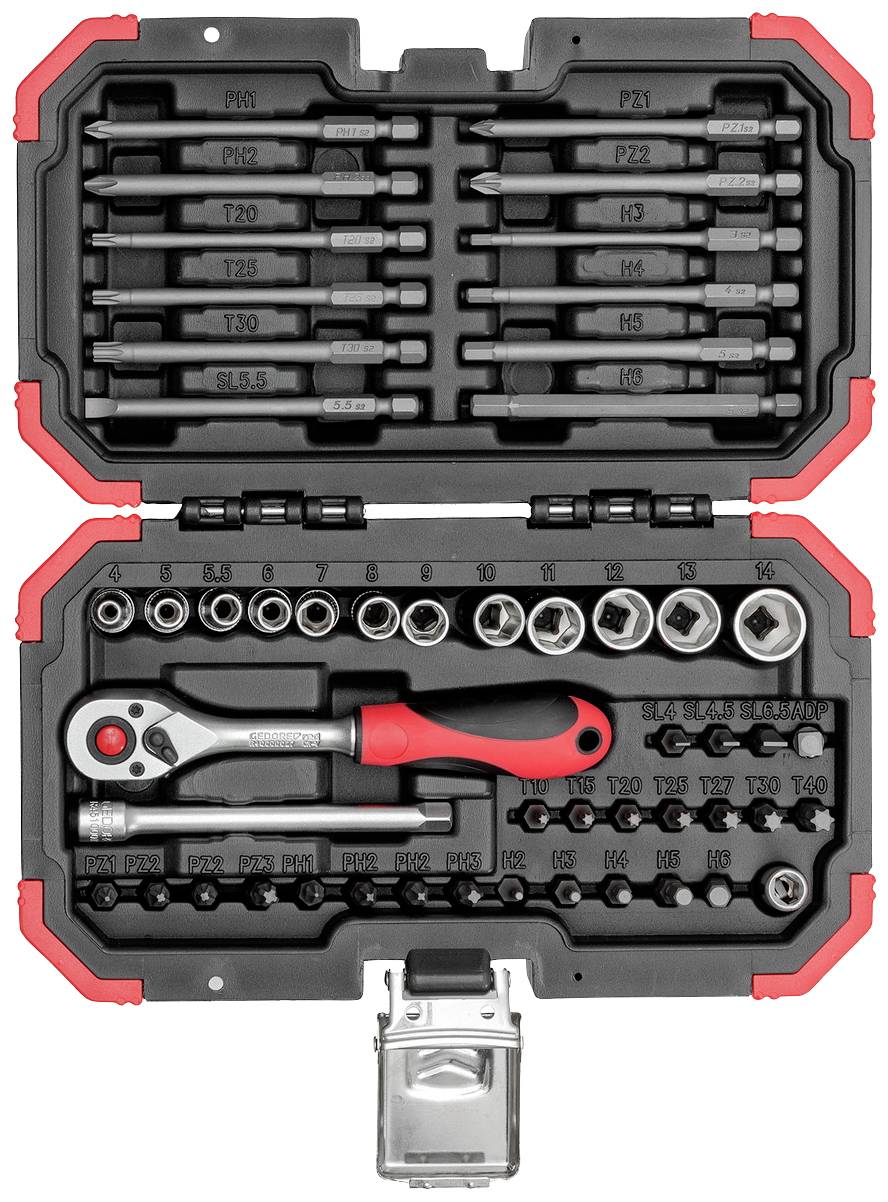 Un ensemble d'outils ouvert comprenant des embouts de tournevis, des douilles et une clé à cliquet, rangés dans un coffret noir en plastique moulé.
