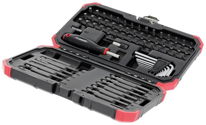 Boîte à outils ouverte contenant différents embouts, un manche de tournevis et des clés Allen. Les outils sont soigneusement organisés.