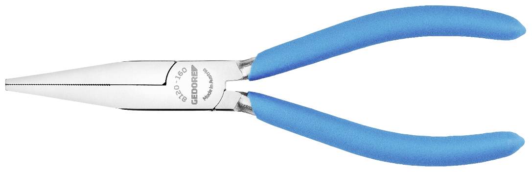 Une pince avec des mâchoires longues et étroites et des poignées bleues, adaptée pour une prise ou une coupe précise dans des travaux artisanaux.