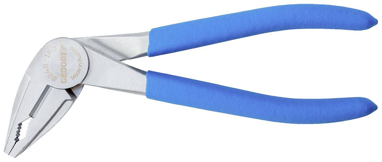 Pince en métal avec poignées bleues.