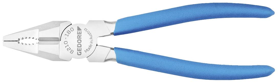 Pince avec poignées bleues, embouts argentés. Nom du fabricant 'GEDORE' visible sur la charnière. Outil pour travaux de préhension et de coupe.