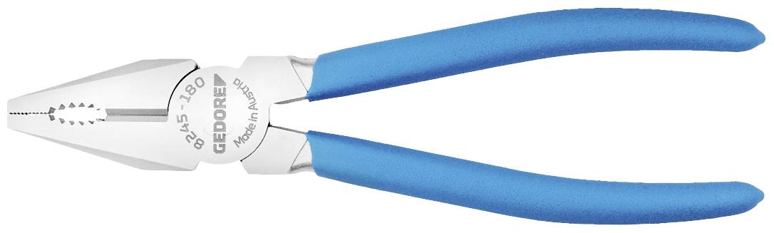 Pince multifonction en argent avec des poignées bleues, posée sur le côté. Sur la pince est inscrit 'GEDORE'.