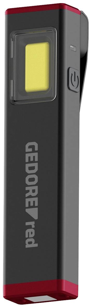 Lampe torche LED noire avec un accent rouge sur les bords supérieur et inférieur, nom de marque 'GEDORE red' imprimé sur le côté, bouton d'alimentation visible.