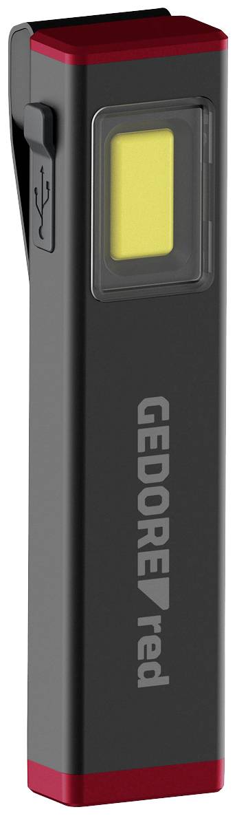Lampe de poche pratique, noir et rouge, avec un panneau lumineux rectangulaire jaune et un port de chargement USB.