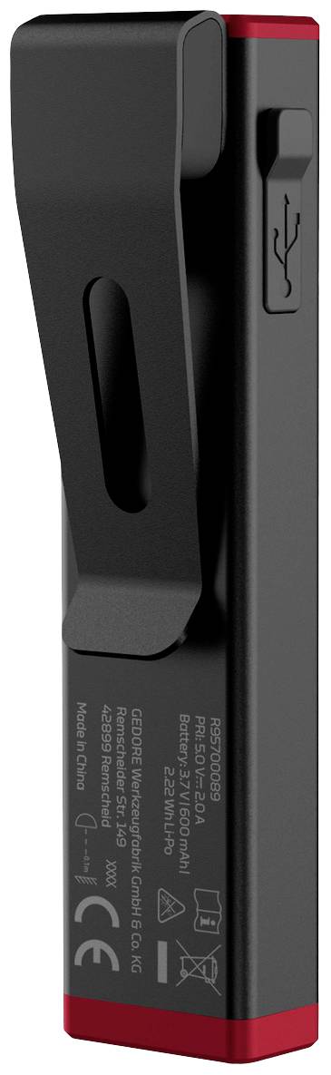 Clé USB noire avec bord rouge, vue de côté. Contient des symboles de certification et du texte technique sur sa surface.